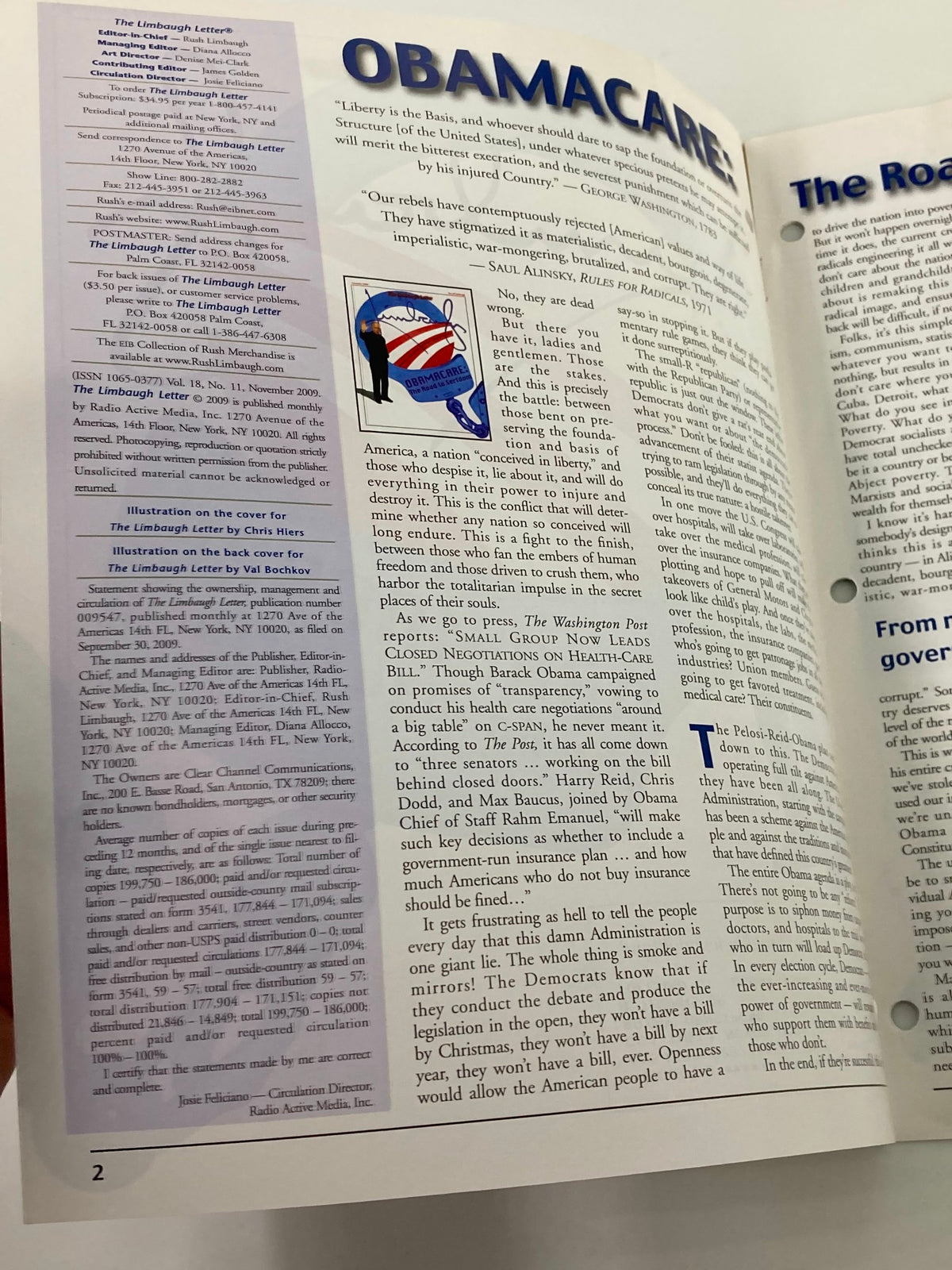 Interior page of Rush Limbaugh Letter Newsletter Magazine November 2009 discussing political commentary on Obamacare.