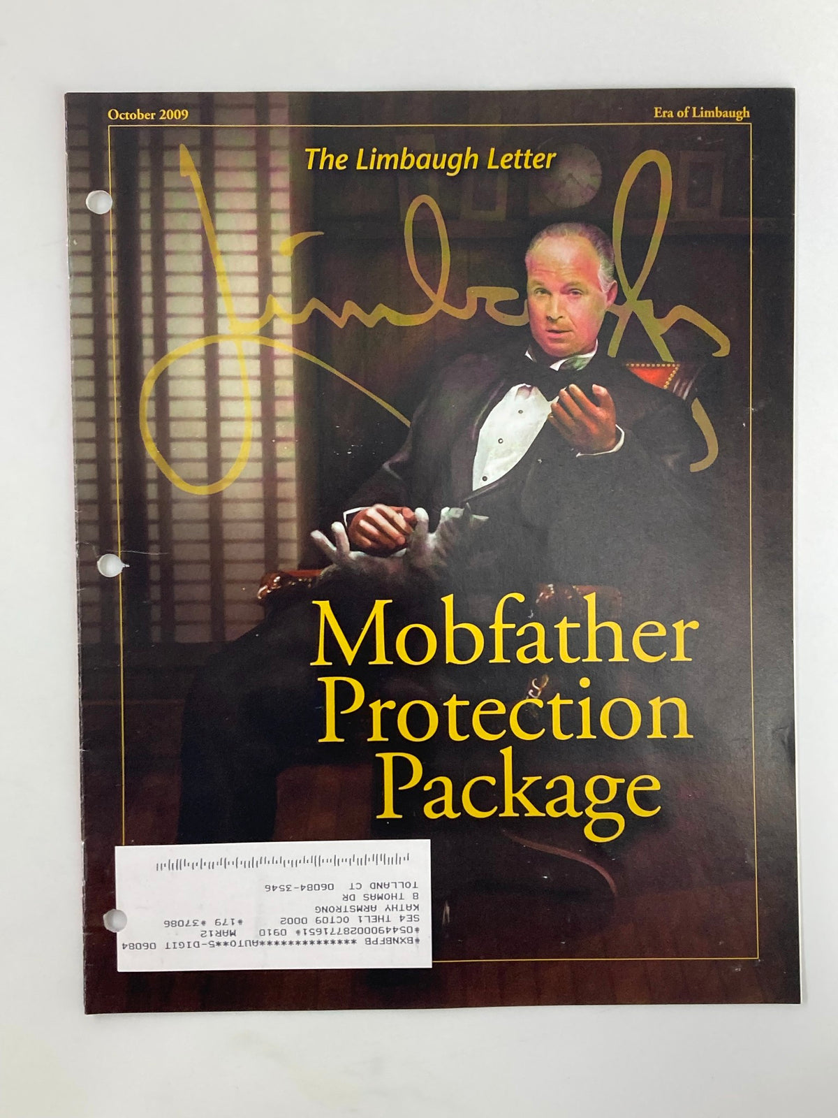 Rush Limbaugh Letter Newsletter from October 2009 featuring the 'Mobfather Protection Package' cover, showcasing Limbaugh's signature style with a charismatic pose.