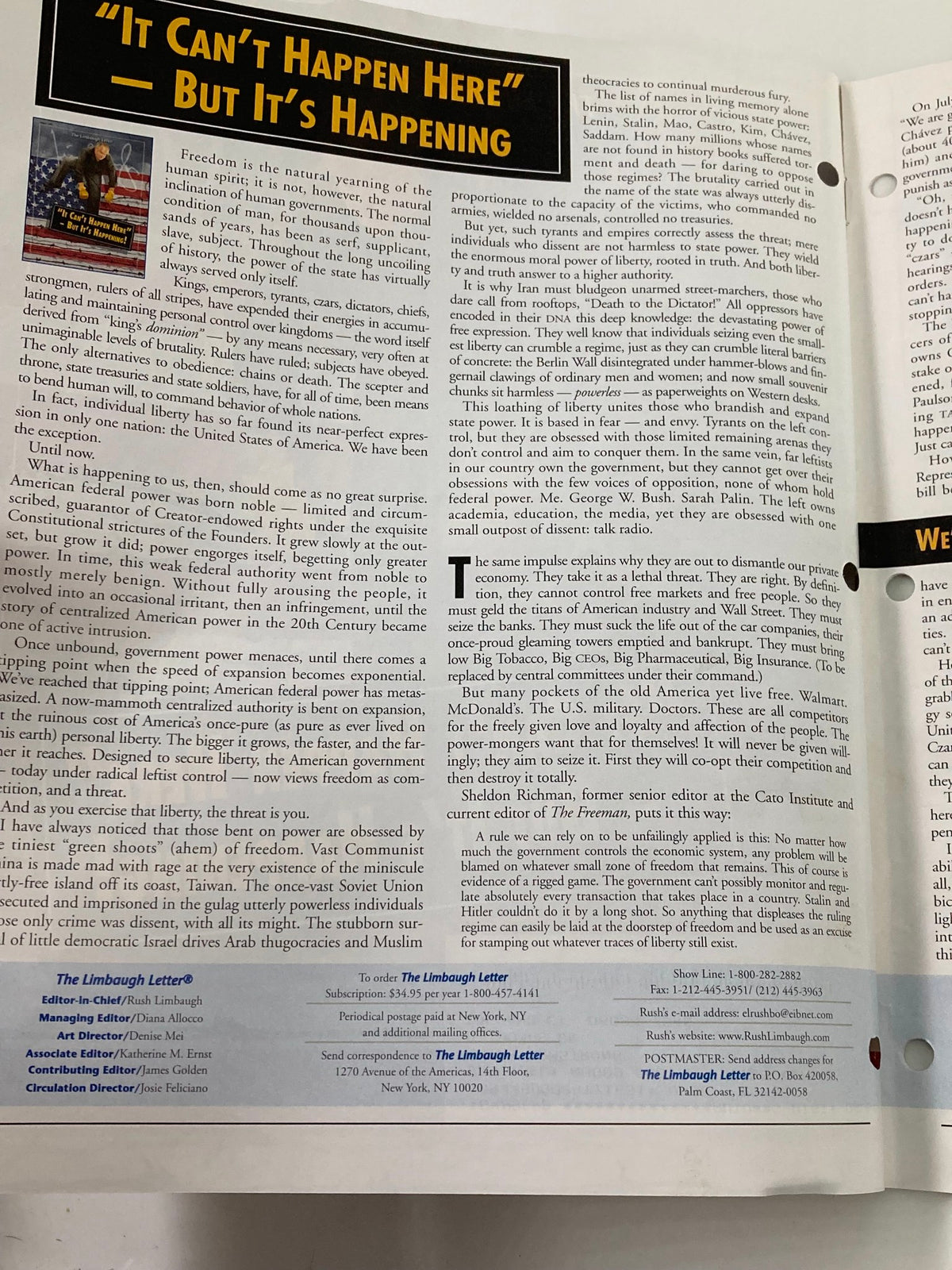 Inside page of the Rush Limbaugh Letter Newsletter Magazine from August 2009 with an article titled 'It Can't Happen Here - But It's Happening!' discussing American political themes.