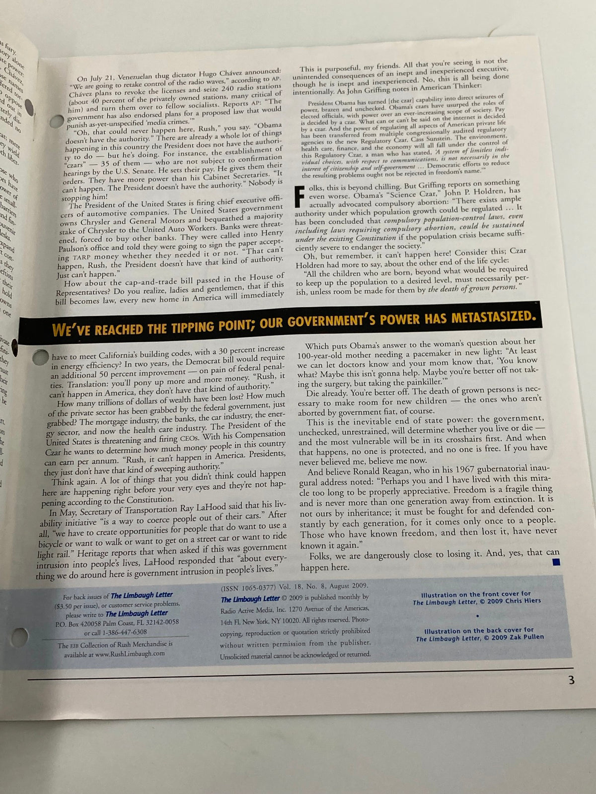 Another inside page of the Rush Limbaugh Letter Newsletter Magazine from August 2009, featuring commentary on government power and political discourse.