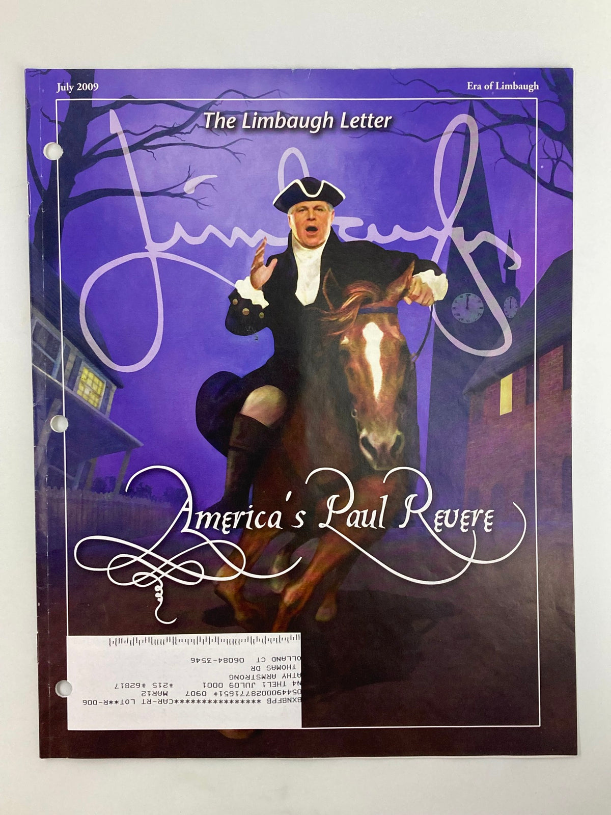 Rush Limbaugh Letters Newsletter Magazine July 2009 cover featuring a portrayal of Limbaugh as America's Paul Revere, highlighting themes of political commentary.