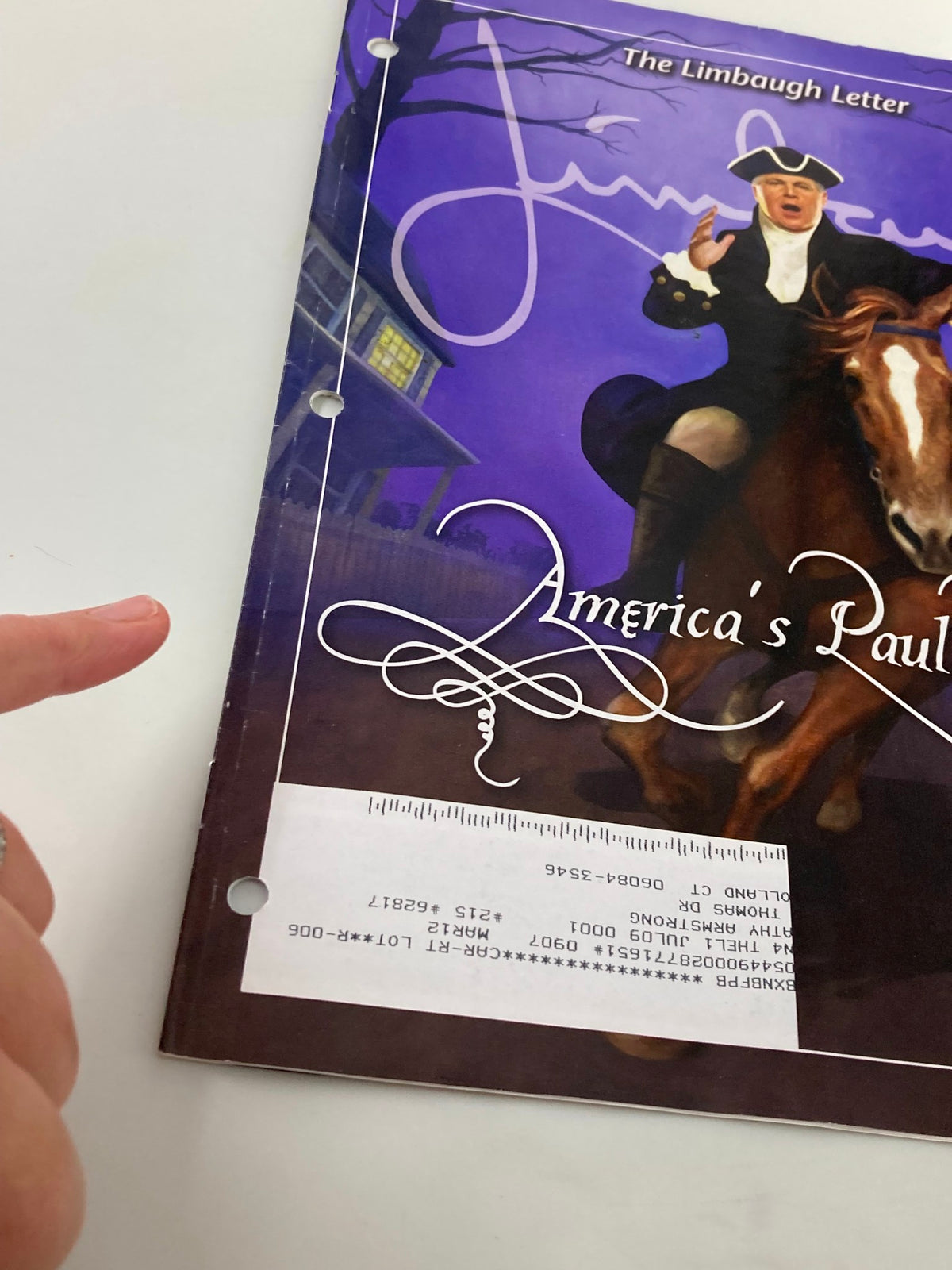 Close-up view of the Rush Limbaugh Letters Newsletter Magazine July 2009 cover showcasing signature and details, emphasizing the title America's Paul Revere.