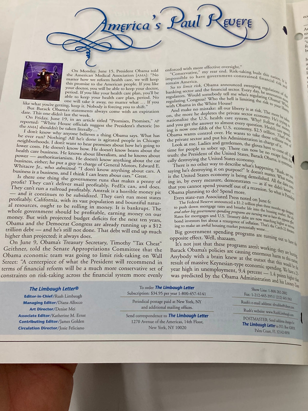 Interior page of the Rush Limbaugh Letters Newsletter Magazine July 2009, providing insights into political commentary and the significance of America's Paul Revere theme.