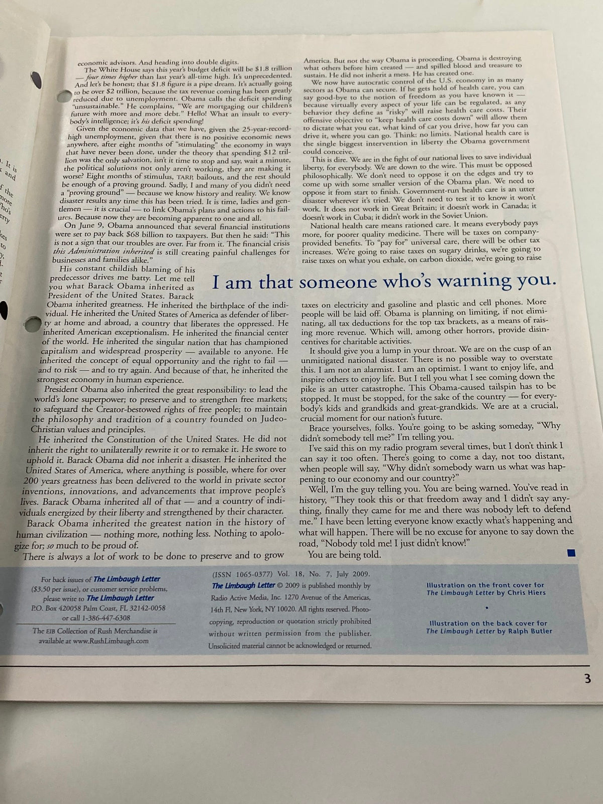 Rush Limbaugh Letters Newsletter Magazine July 2009, featuring a page of political commentary discussing contemporary American issues and events.