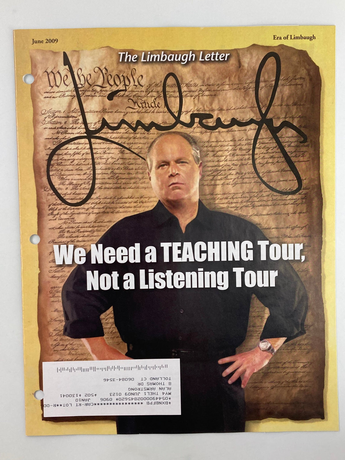 Rush Limbaugh Letter Newsletter Magazine June 2009 cover featuring the title 'We Need a TEACHING Tour, Not a Listening Tour' with a portrait of Rush Limbaugh.
