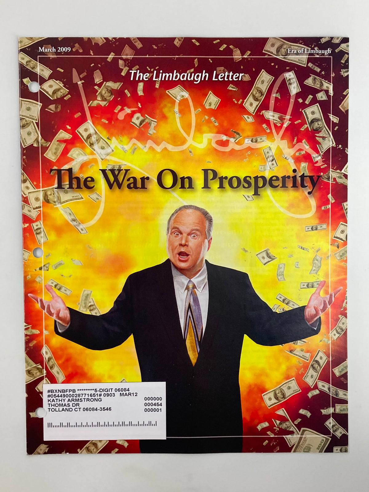 Rush Limbaugh Letter Newsletter Magazine March 2009 cover featuring the title 'The War On Prosperity' with an image of Rush Limbaugh surrounded by money graphics.
