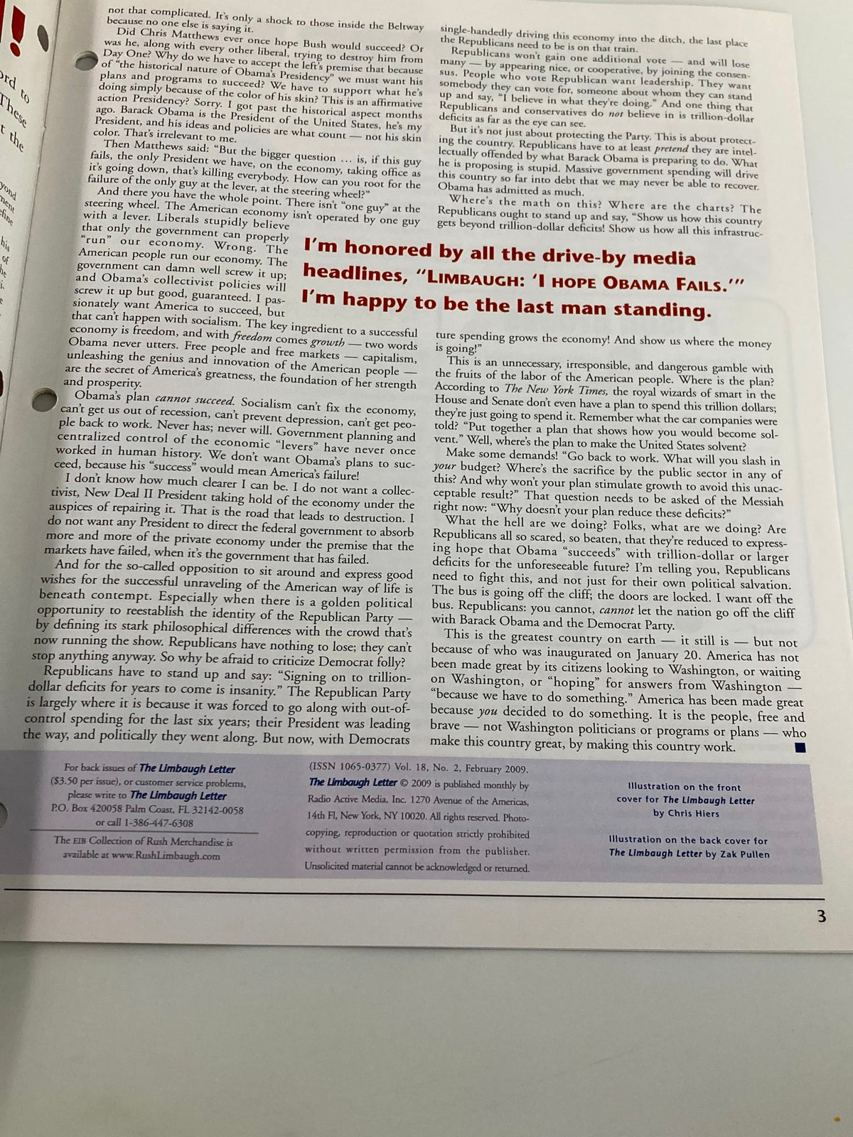 Rush Limbaugh Letter Newsletter Magazine February 2009 - Honoring insights from Limbaugh in political discourse. Commentary on media headlines and political standpoints, featuring text from the newsletter.