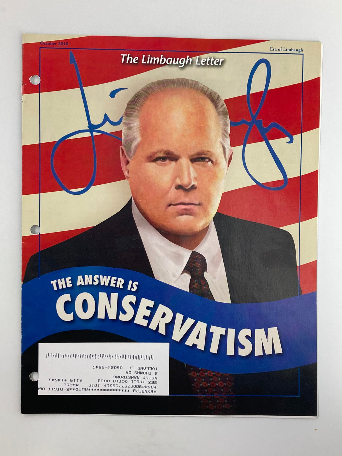 Rush Limbaugh Letter Newsletter Magazine from October 2010, featuring the title 'The Answer Conservatism'. The cover displays Limbaugh's portrait against a patriotic red and white striped background.