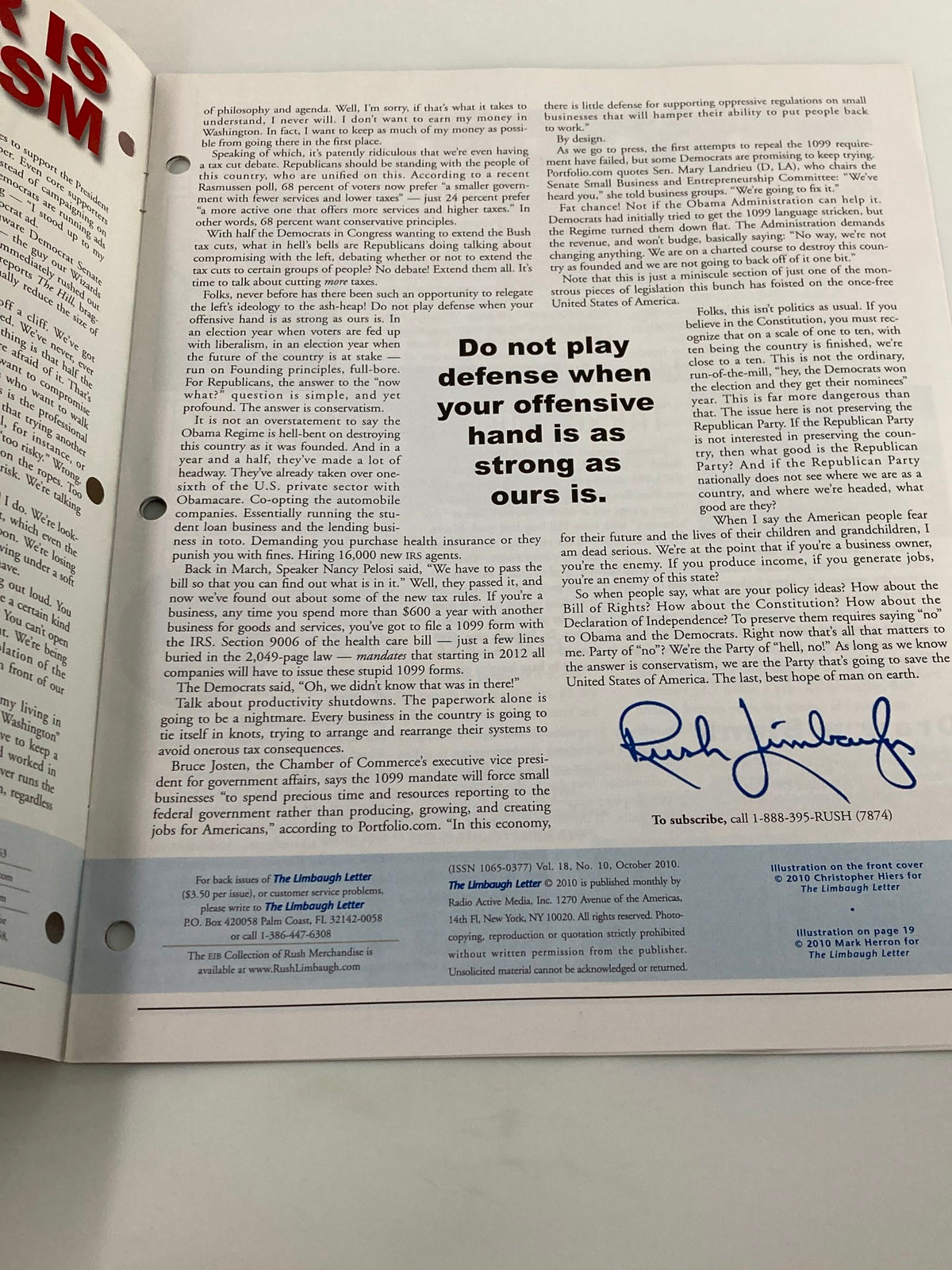Another inside page of the Rush Limbaugh Letter Newsletter Magazine from October 2010, including Rush Limbaugh's signature and a statement about political strategy.