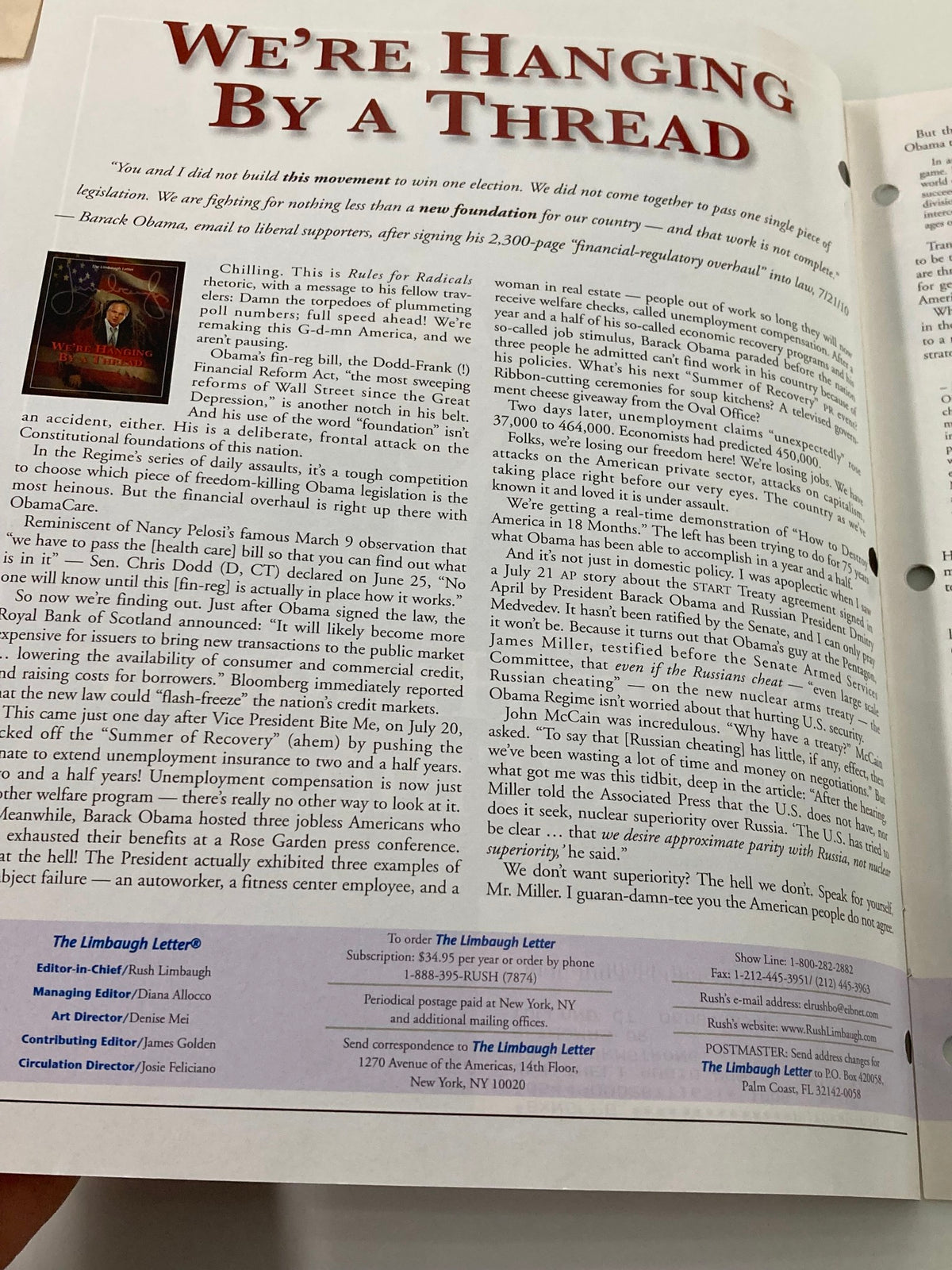 Inside page of the Rush Limbaugh Letter Newsletter Magazine August 2010 titled 'We're Hanging By A Thread,' featuring an article discussing political commentary.