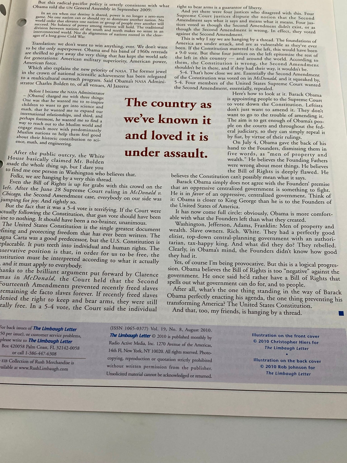 Inside page of the Rush Limbaugh Letter Newsletter Magazine August 2010 titled 'We're Hanging By A Thread,' highlighting text about the political climate.