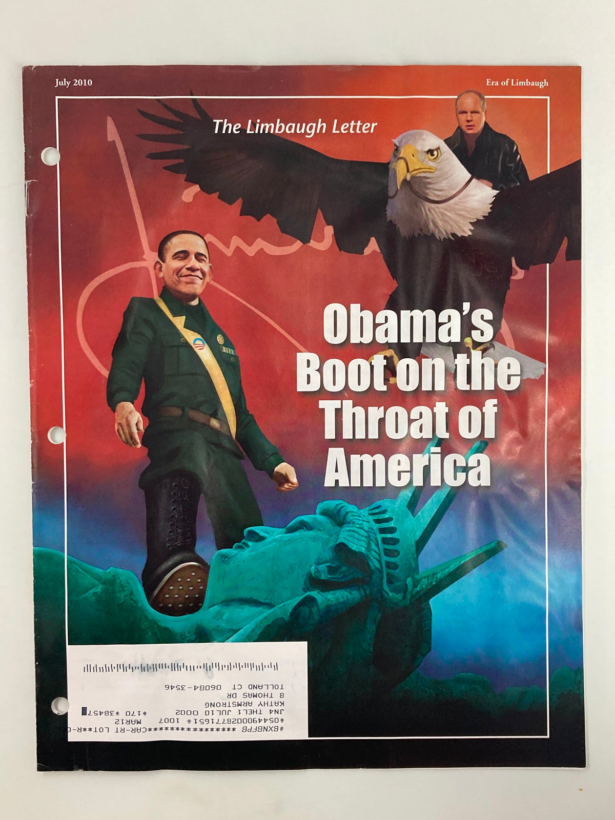 Cover of the Rush Limbaugh Letter Newsletter Magazine from July 2010, titled 'Obama’s Boot on the Throat of America', featuring a depiction of Barack Obama, the Statue of Liberty, and an eagle.