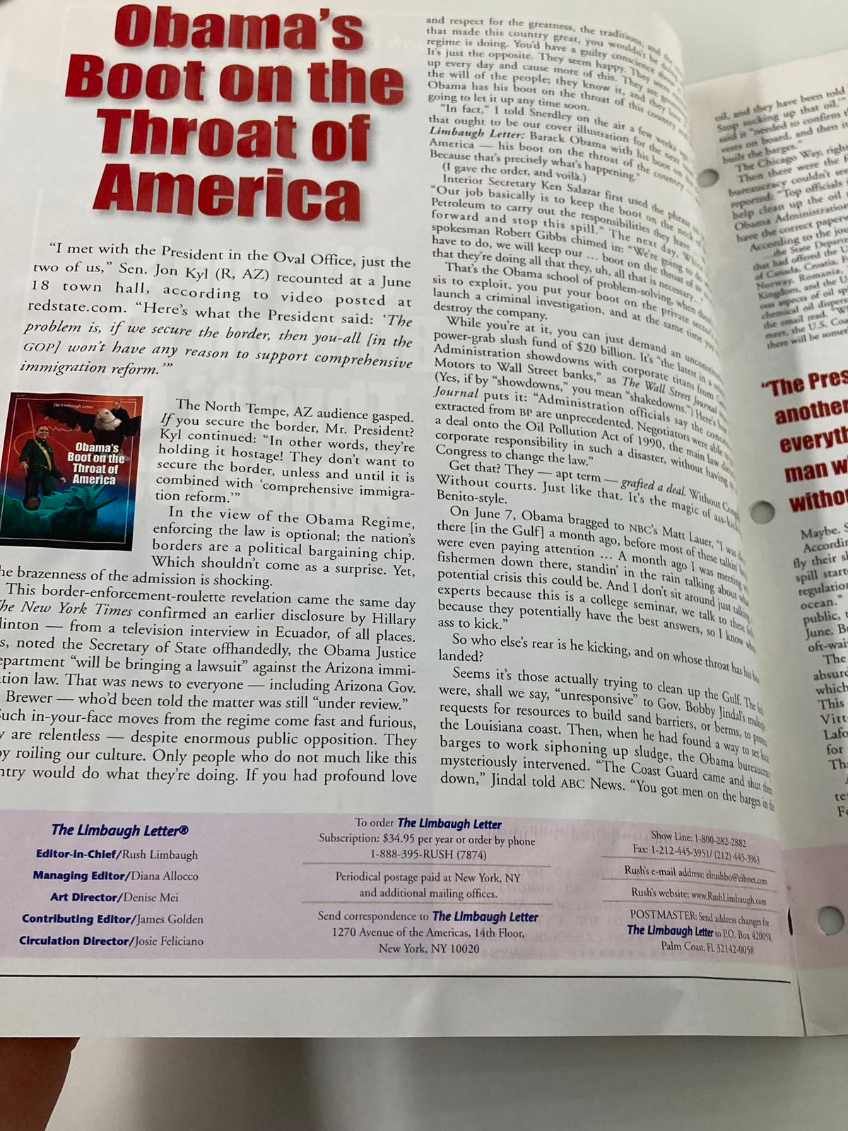 Interior page from the Rush Limbaugh Letter Newsletter Magazine, July 2010, showcasing content related to the article 'Obama’s Boot on the Throat of America' with detailed commentary and insights from the era.