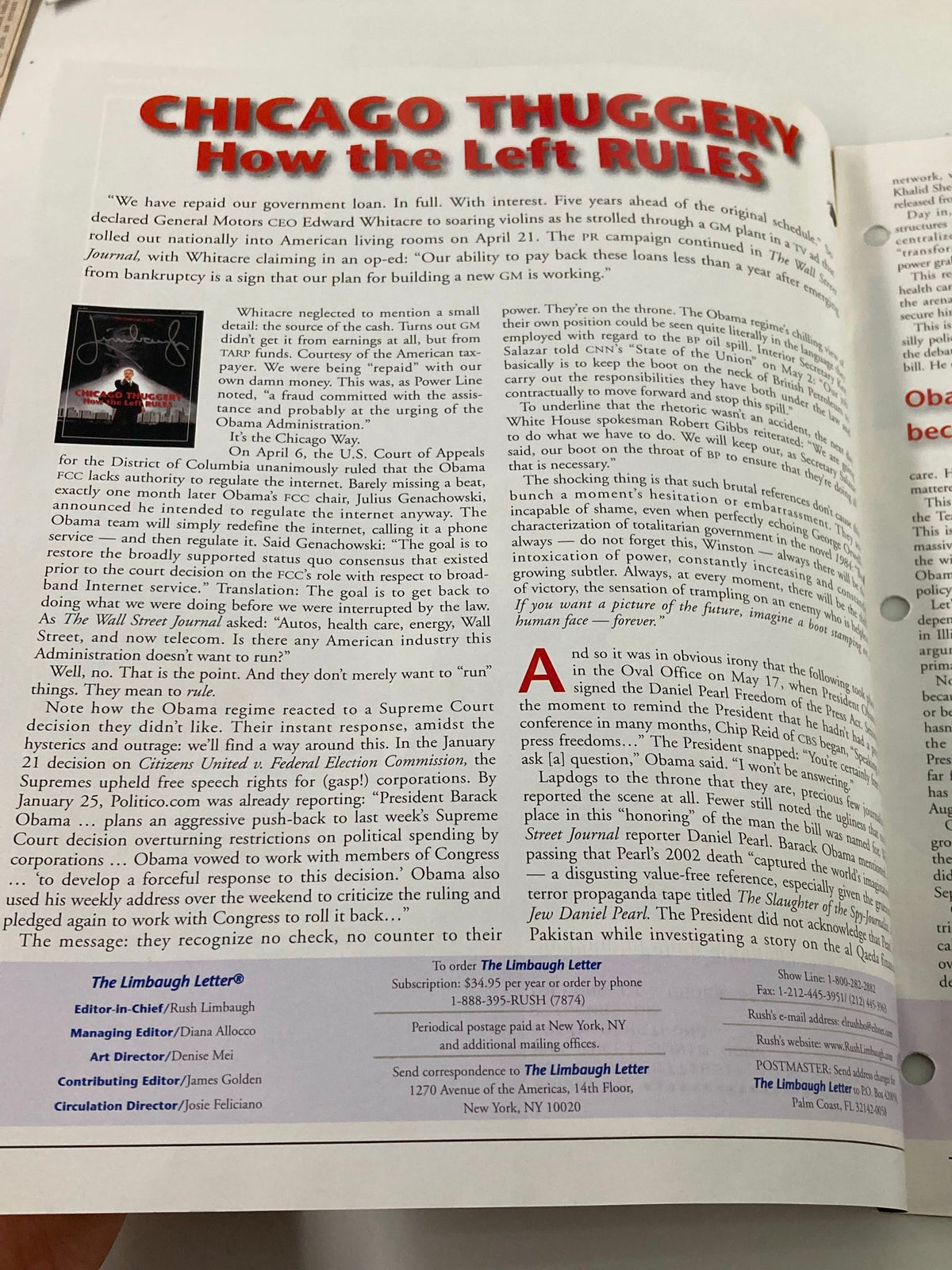 Rush Limbaugh Letter Newsletter Magazine June 2010 cover featuring the provocative article 'Chicago Thuggery', showcasing political commentary from a notable broadcaster.