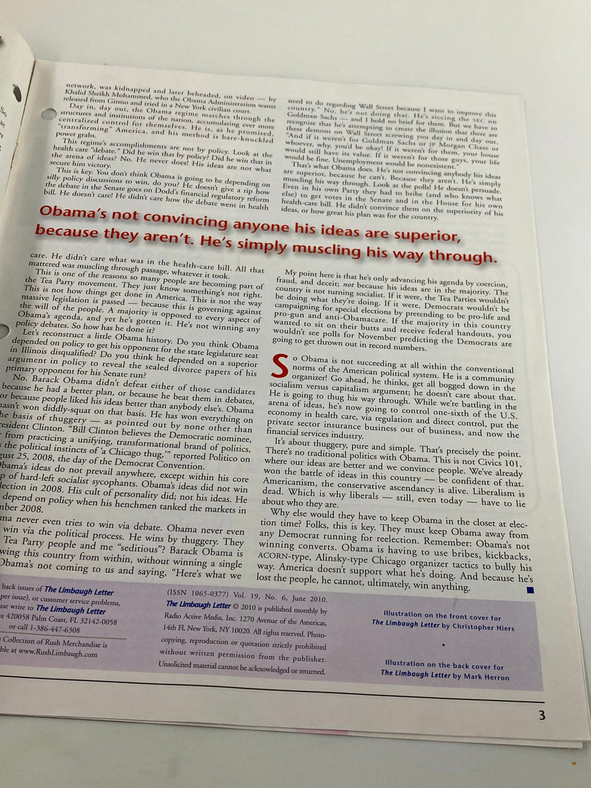 Interior page of the Rush Limbaugh Letter Newsletter Magazine June 2010 discussing the influence of Obama, emphasizing the political narrative presented in the 'Chicago Thuggery' issue.