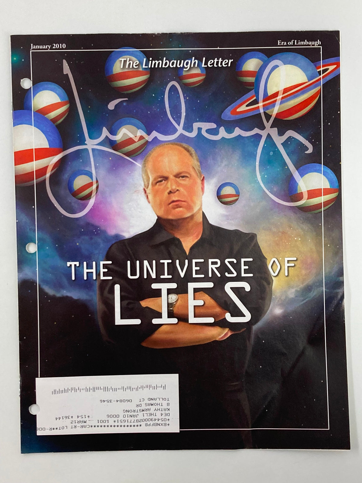 Rush Limbaugh Letter Newsletter Magazine January 2010 cover featuring the title 'The Universe of Lies' and an image of Rush Limbaugh against a cosmic background with planets.