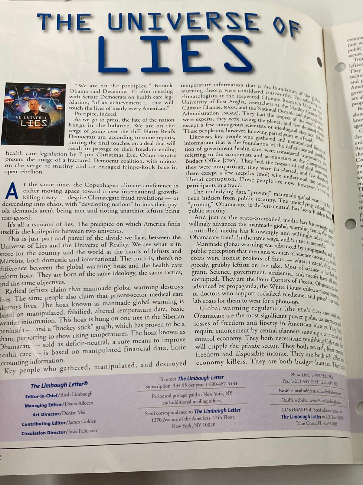 Interior page of the Rush Limbaugh Letter Newsletter Magazine January 2010 displaying the headline 'THE UNIVERSE OF LIES' and text discussing political issues.