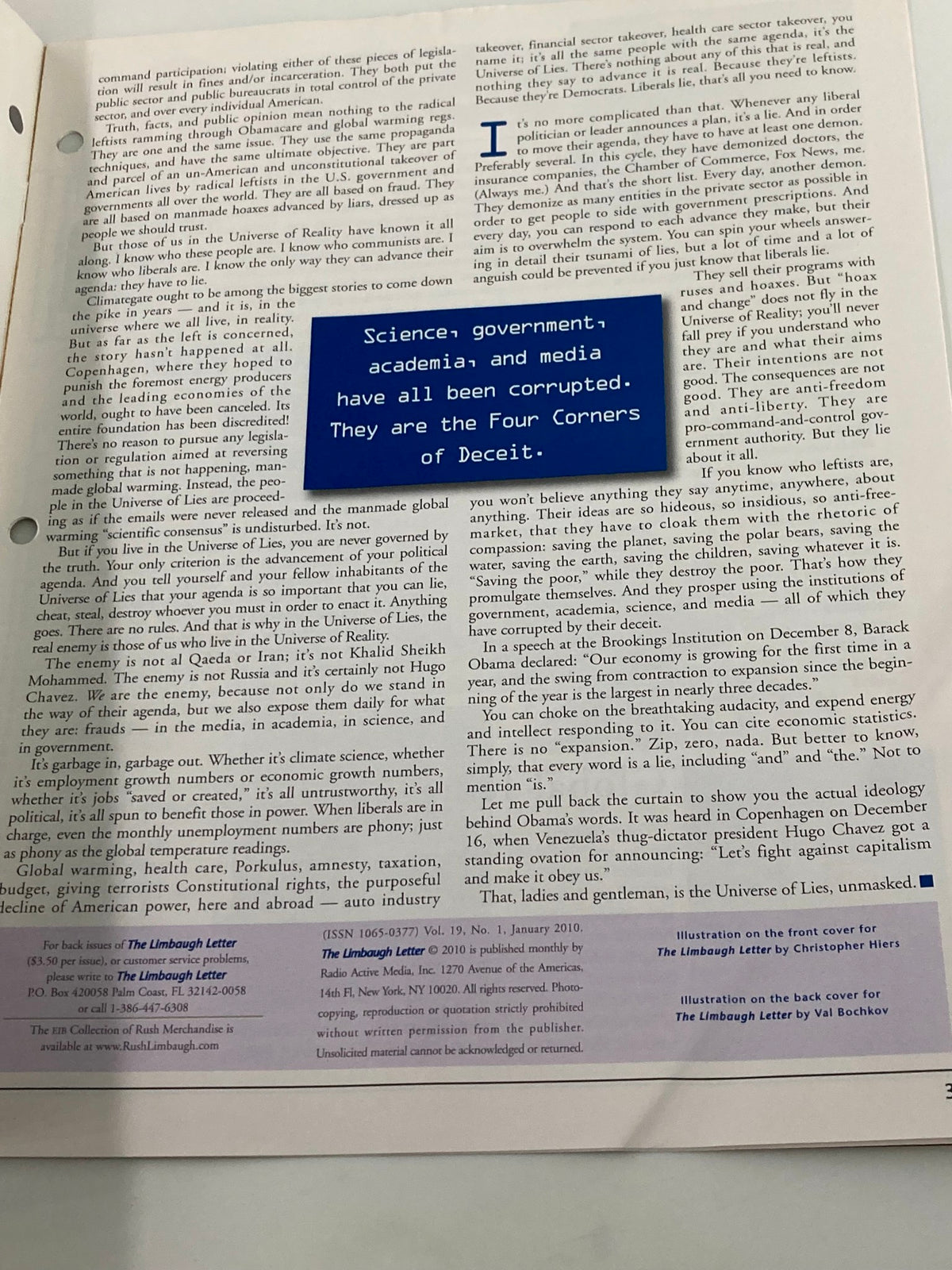 Another interior page of the Rush Limbaugh Letter Newsletter Magazine January 2010 featuring text about government and media corruption with highlighted quotes.