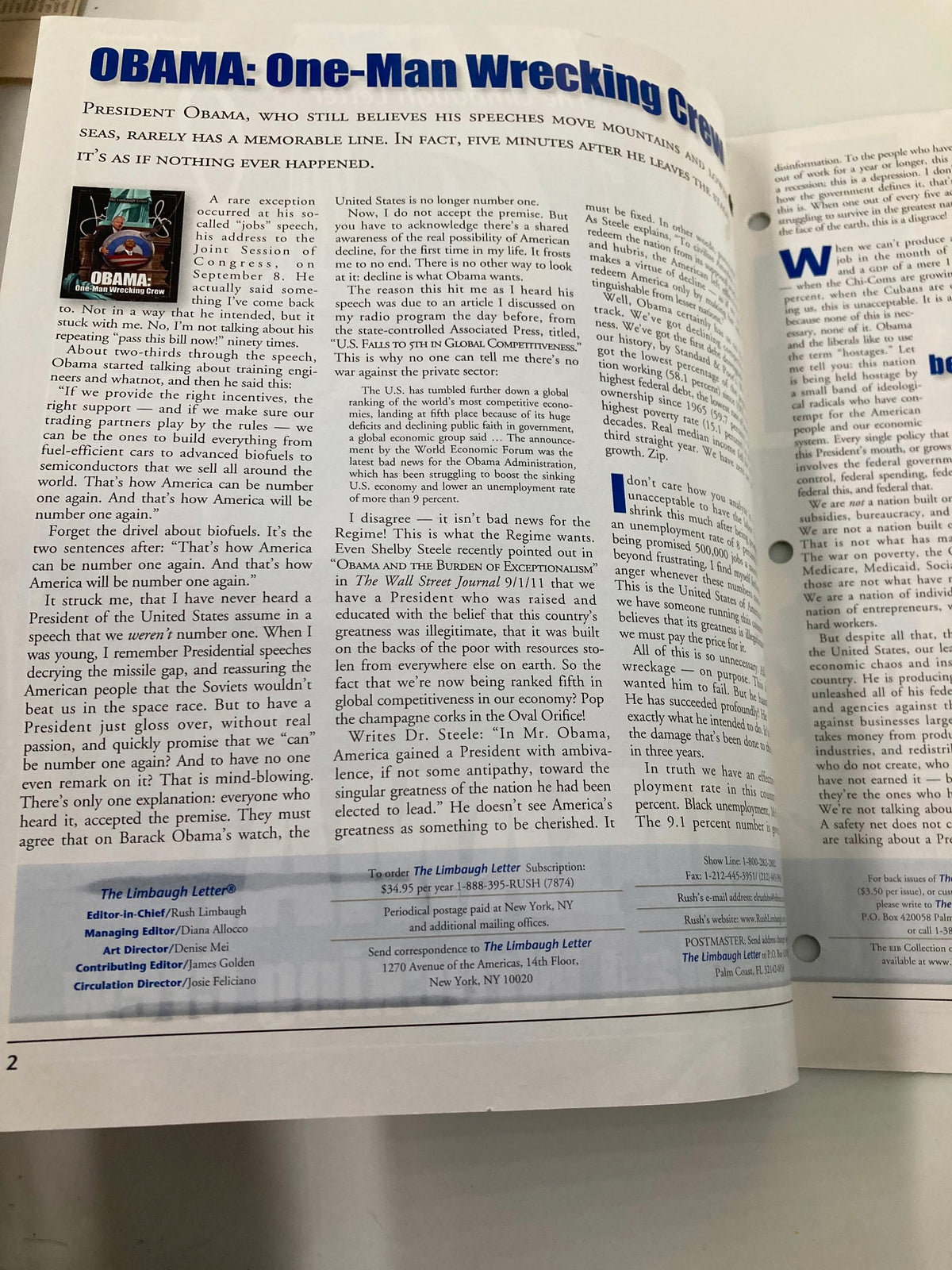 Inside page of Rush Limbaugh Letter Newsletter Magazine October 2011 featuring article titled 'OBAMA: One-Man Wrecking Crew', discussing President Obama's political actions.