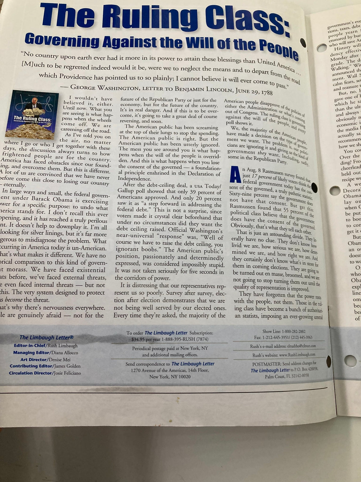 Rush Limbaugh Letter Newsletter Magazine September 2011 page featuring an article titled "The Ruling Class: Governing Against the Will of the People" discussing political governance and public opinion.