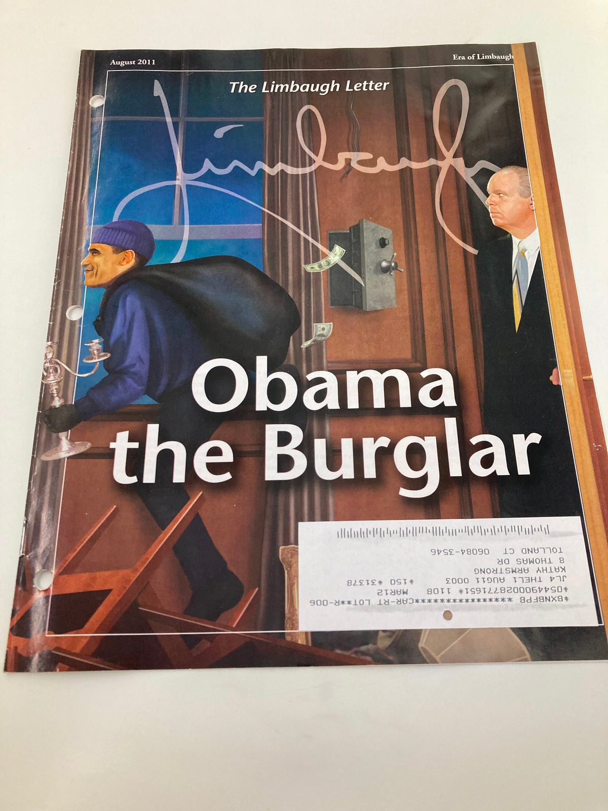 Rush Limbaugh Letter Newsletter Magazine August 2011 cover showing the graphic artwork of 'Obama the Burglar', combining humor and political satire in the magazine's distinctive style.