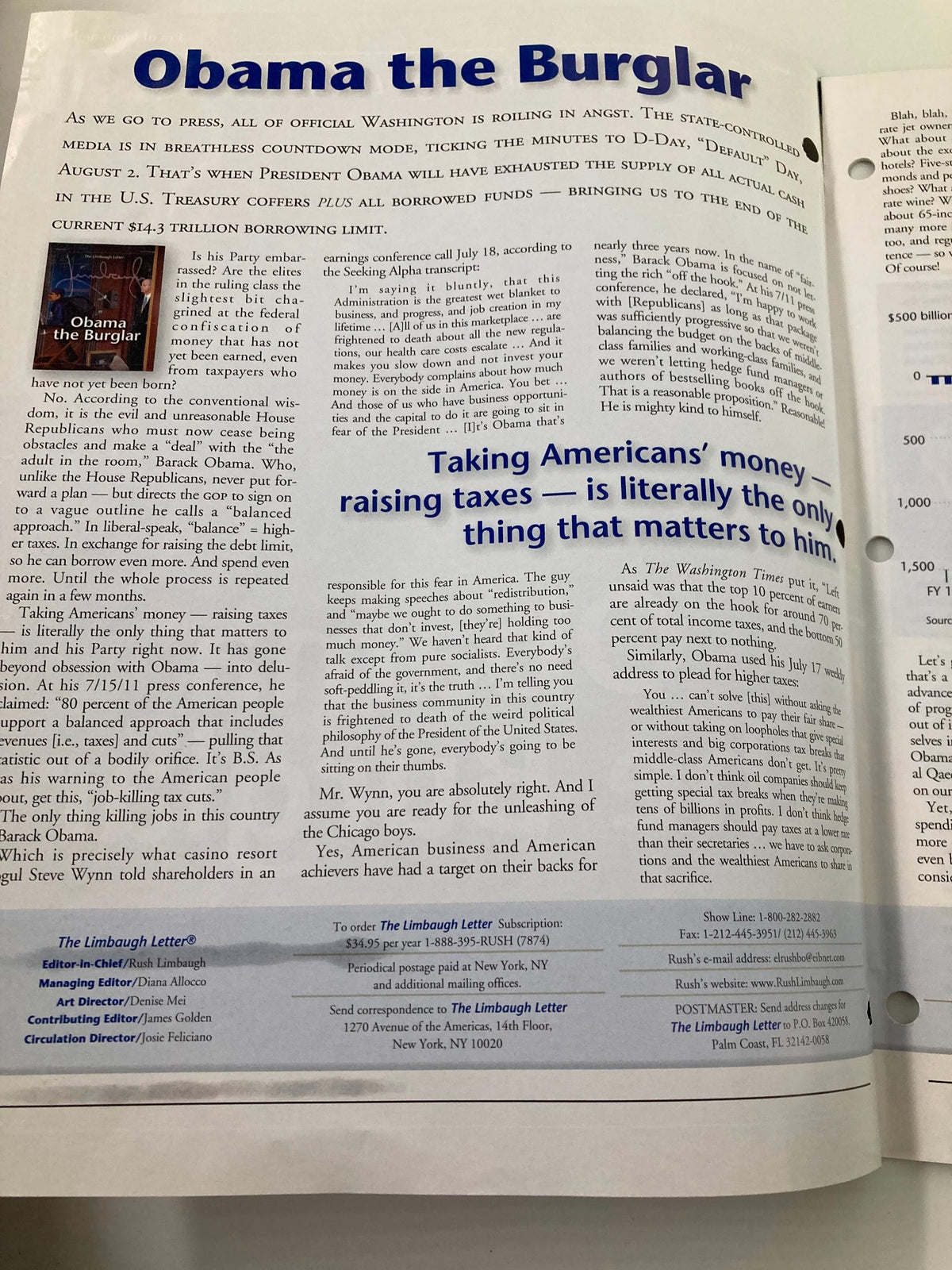 Rush Limbaugh Letter Newsletter Magazine August 2011, titled 'Obama the Burglar', featuring an article discussing political themes and events from August 2011.