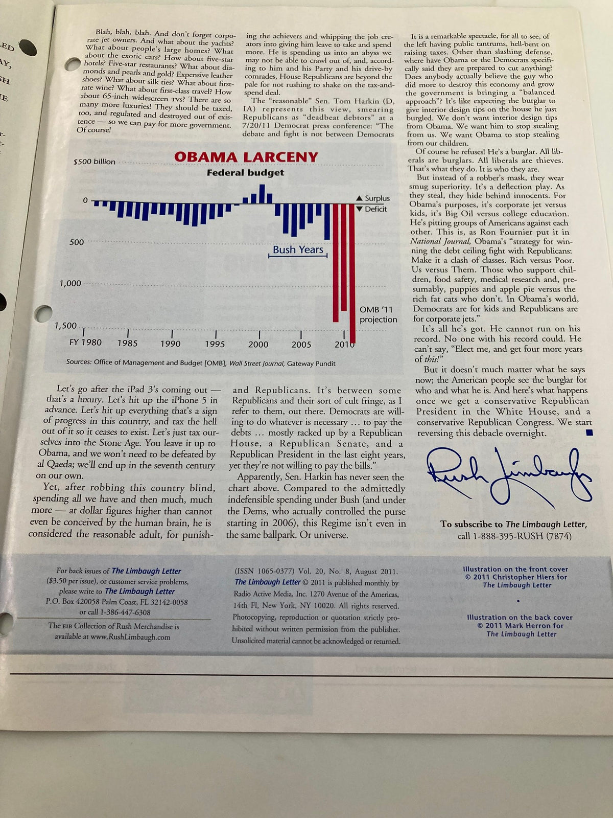 Rush Limbaugh Letter Newsletter Magazine August 2011, showcasing an article on federal budget issues with a chart, related to the theme 'Obama the Burglar'.