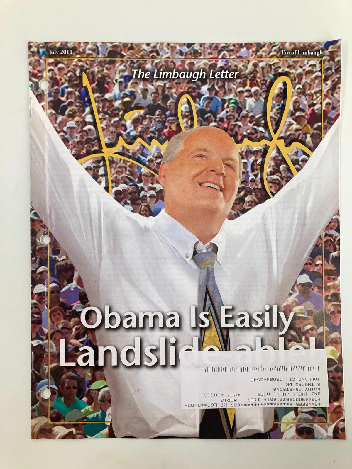 Cover of Rush Limbaugh Letter Newsletter Magazine July 2011, featuring Rush Limbaugh with outstretched arms and the title 'Obama Is Easily Landslide-able'.