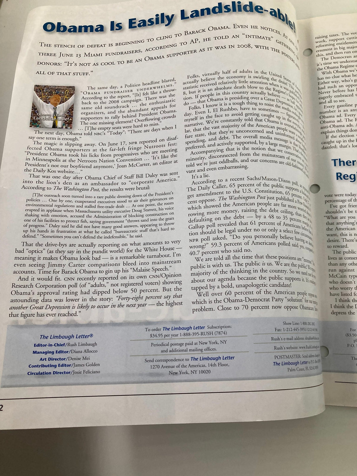 Interior page of the Rush Limbaugh Letter Newsletter Magazine July 2011, discussing Barack Obama and political insights with the heading 'Obama Is Easily Landslide-able'.