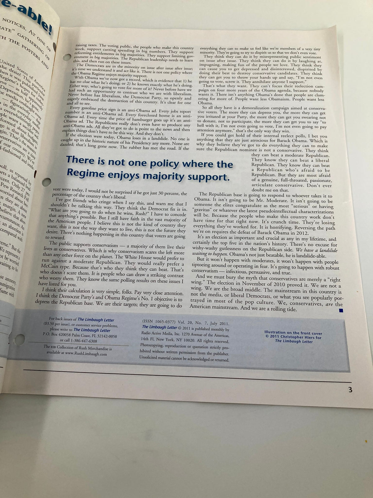 Continuation of the article from the Rush Limbaugh Letter Newsletter Magazine July 2011, highlighting political commentary and the statement 'There is not one policy where the Regime enjoys majority support'.