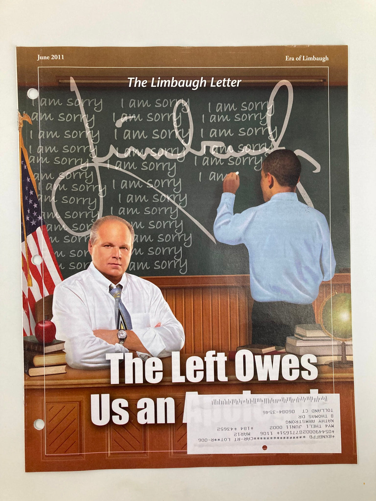 Cover of the Rush Limbaugh Letter Newsletter Magazine, June 2011, featuring a classroom setting with Rush Limbaugh and a student at a blackboard with repeated phrases 'I am sorry'. The title 'The Left Owes Us an Apology' prominently displayed.