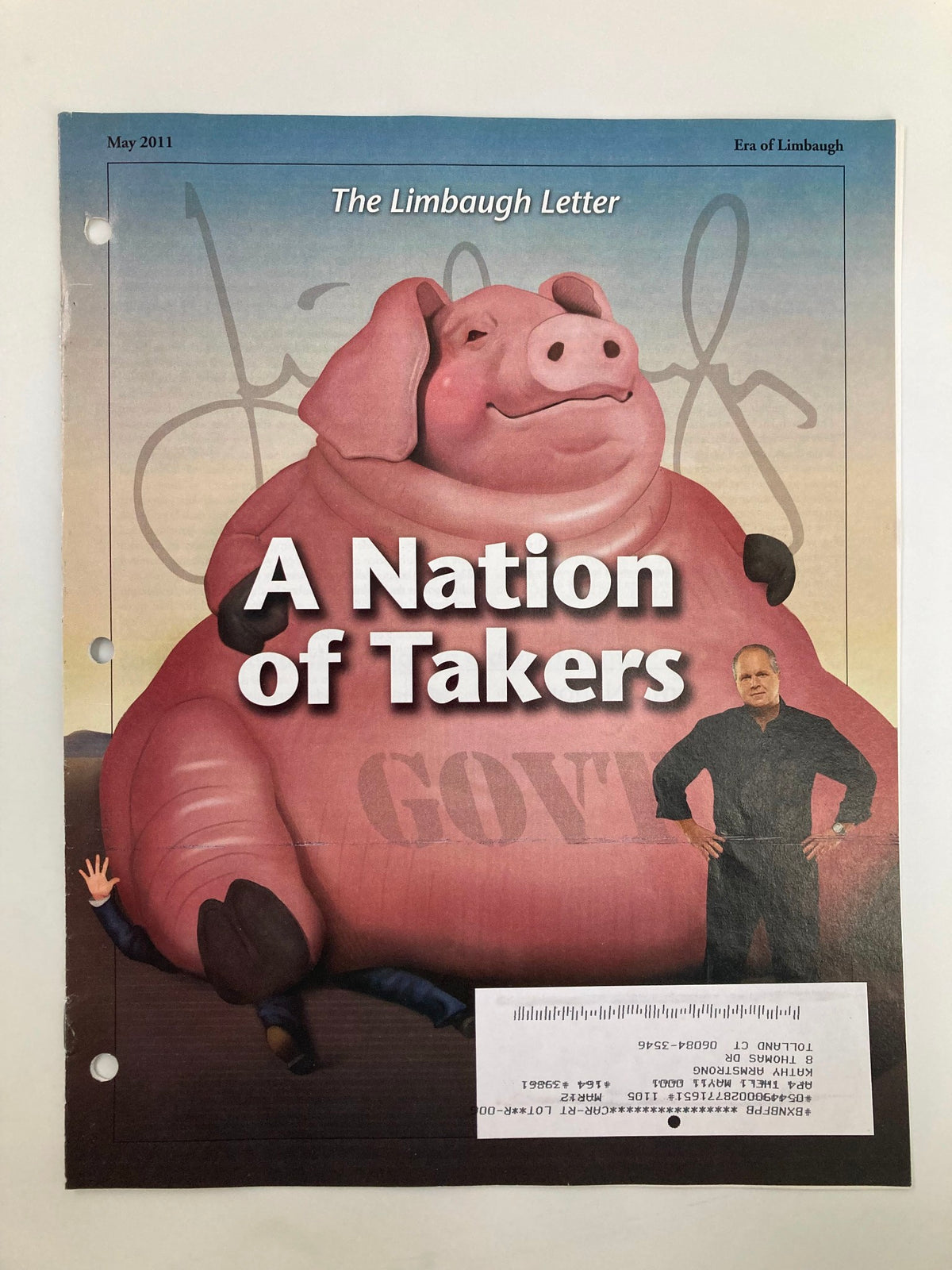 Rush Limbaugh Letter Newsletter Magazine May 2011 cover featuring a large pink pig and the title 'A Nation of Takers'.