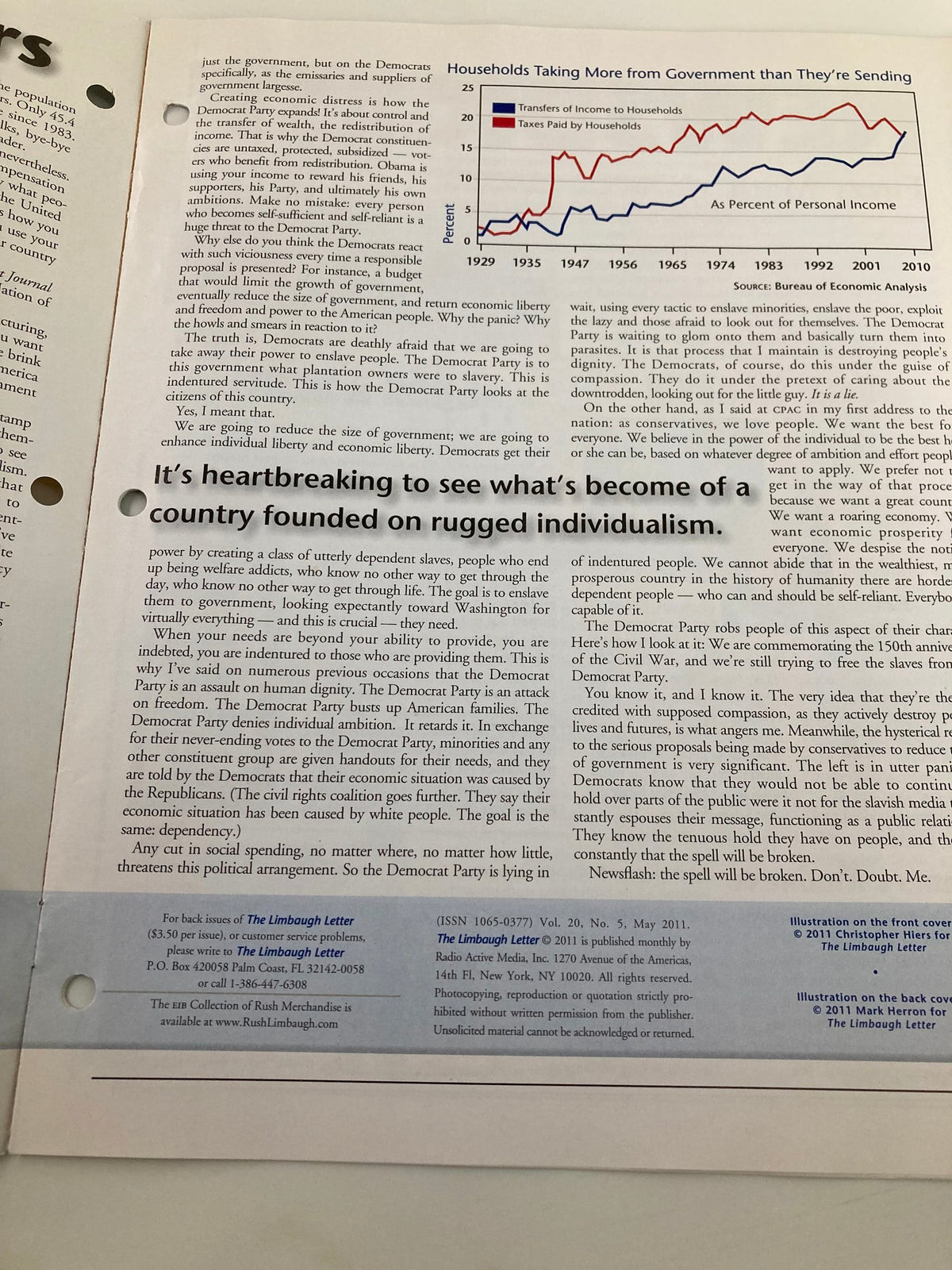 Another inner page of the Rush Limbaugh Letter Newsletter Magazine May 2011, presenting commentary on government dependency, under the article 'A Nation of Takers'.