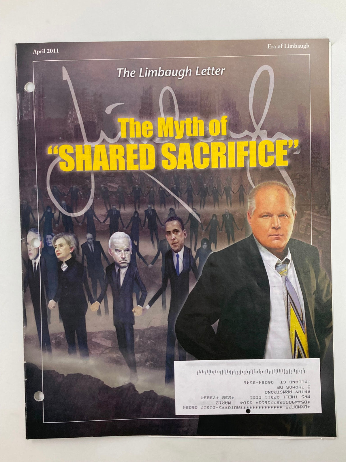 Rush Limbaugh Letter Newsletter Magazine April 2011 cover featuring the title 'The Myth of Shared Sacrifice' with illustrations of political figures in the background.
