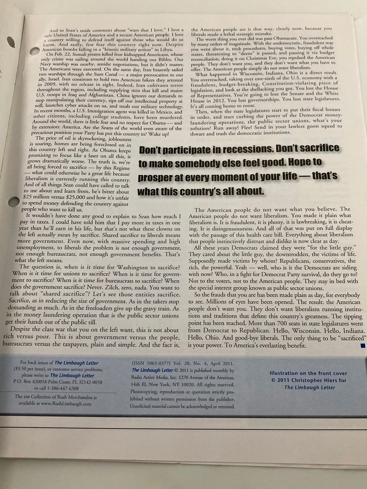 Another page from the Rush Limbaugh Letter Newsletter Magazine April 2011 highlighting commentary on sacrifice and prosperity, aligned with the theme 'The Myth of Shared Sacrifice'.