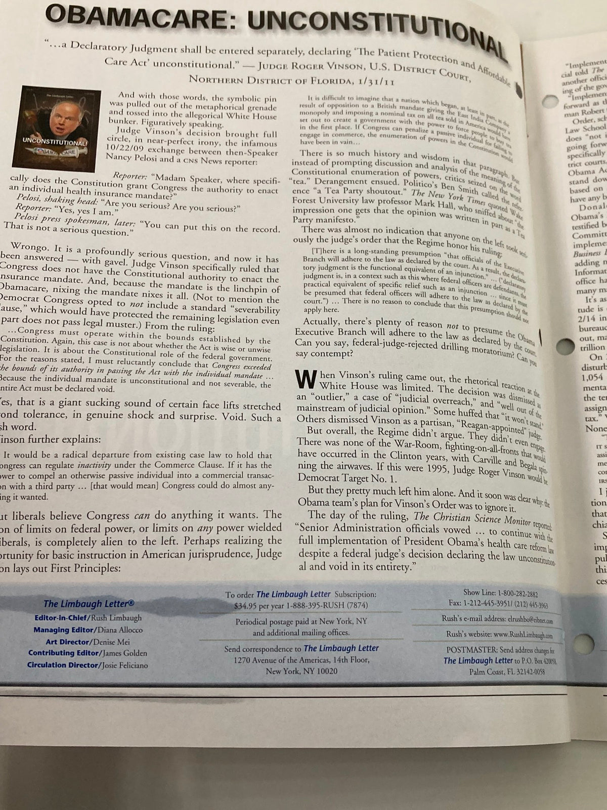 Rush Limbaugh Letters Magazine March 2011 page featuring the article discussing Obamacare's constitutionality, highlighting Judge Roger Vinson's ruling.