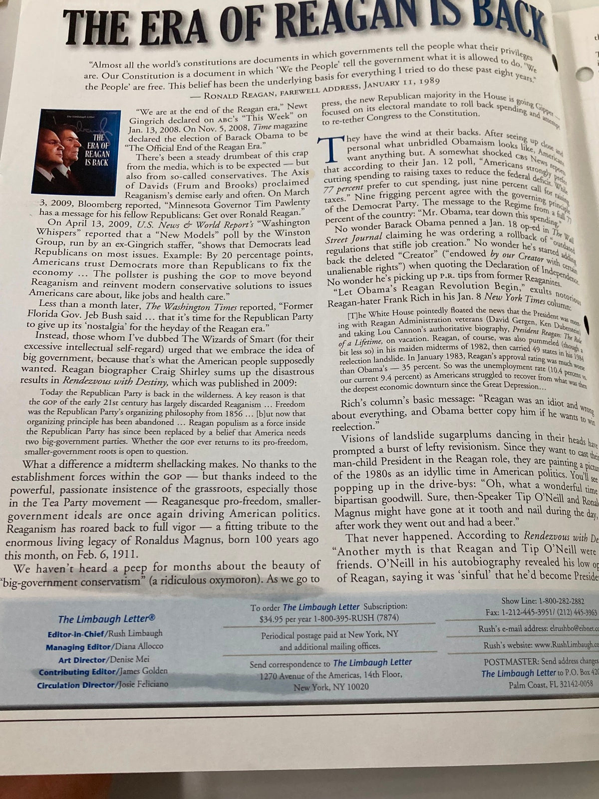 Inside page of the Rush Limbaugh Letter Newsletter Magazine from February 2011, discussing the themes of Ronald Reagan's legacy and the political climate of the time.