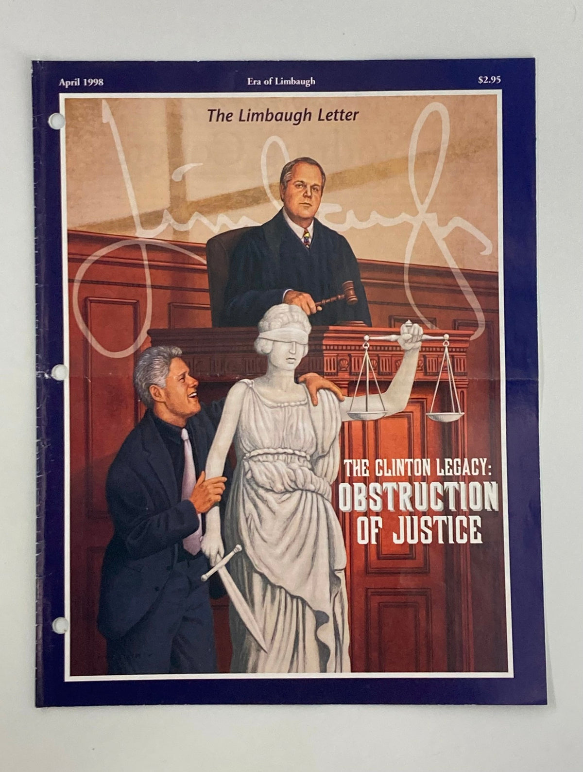 Cover of Rush Limbaugh Letters Newsletter Magazine from April 1998 titled 'The Clinton Legacy: Obstruction of Justice', featuring an illustration of a courtroom scene with a judge, Bill Clinton caricature, and the statue of justice.
