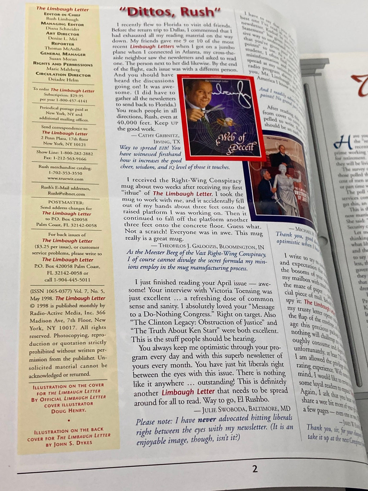 Page from the Rush Limbaugh Letter Newsletter Magazine May 1998 featuring the column titled 'Dittos, Rush'. The page includes editor notes and commentary, alongside images related to Limbaugh's political discourse, highlighting the magazine's historical significance in American conservatism.