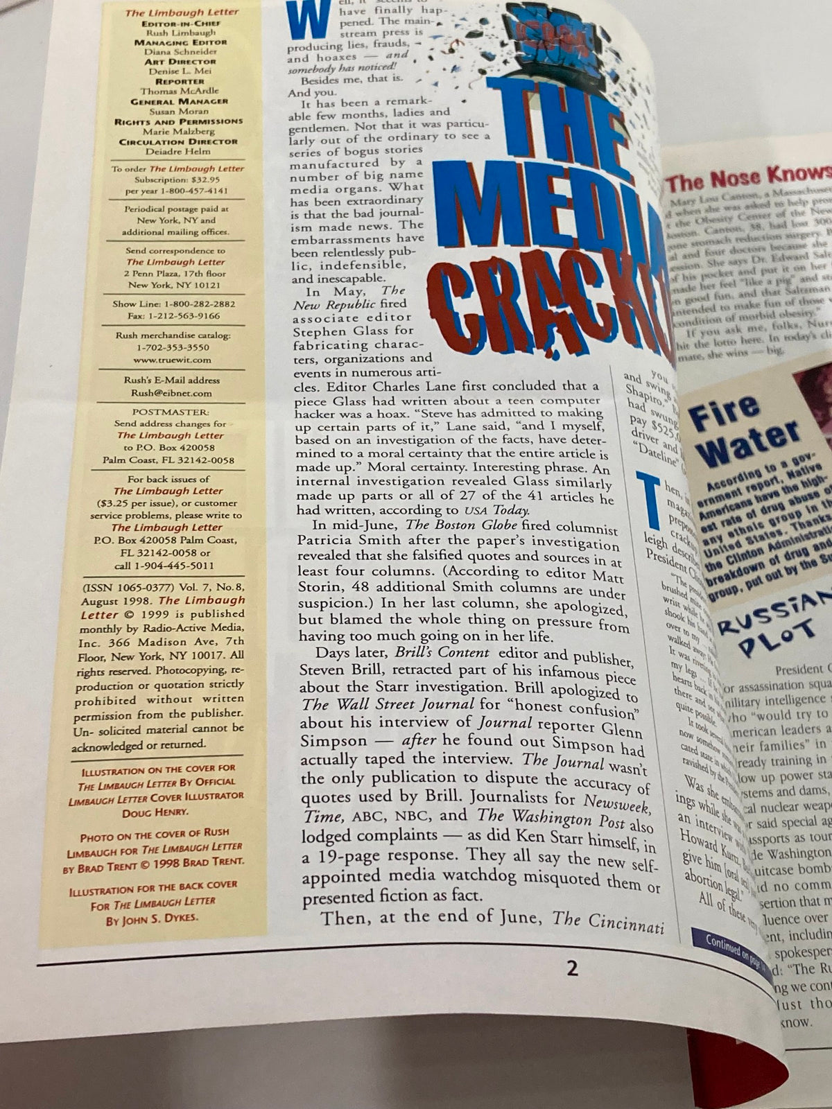 Interior page of the Rush Limbaugh Letter Newsletter Magazine from August 1998 featuring an article related to the issue 'The Media Crack Up', highlighting the discussion on media integrity and public opinion, with formatting typical of classic magazines.