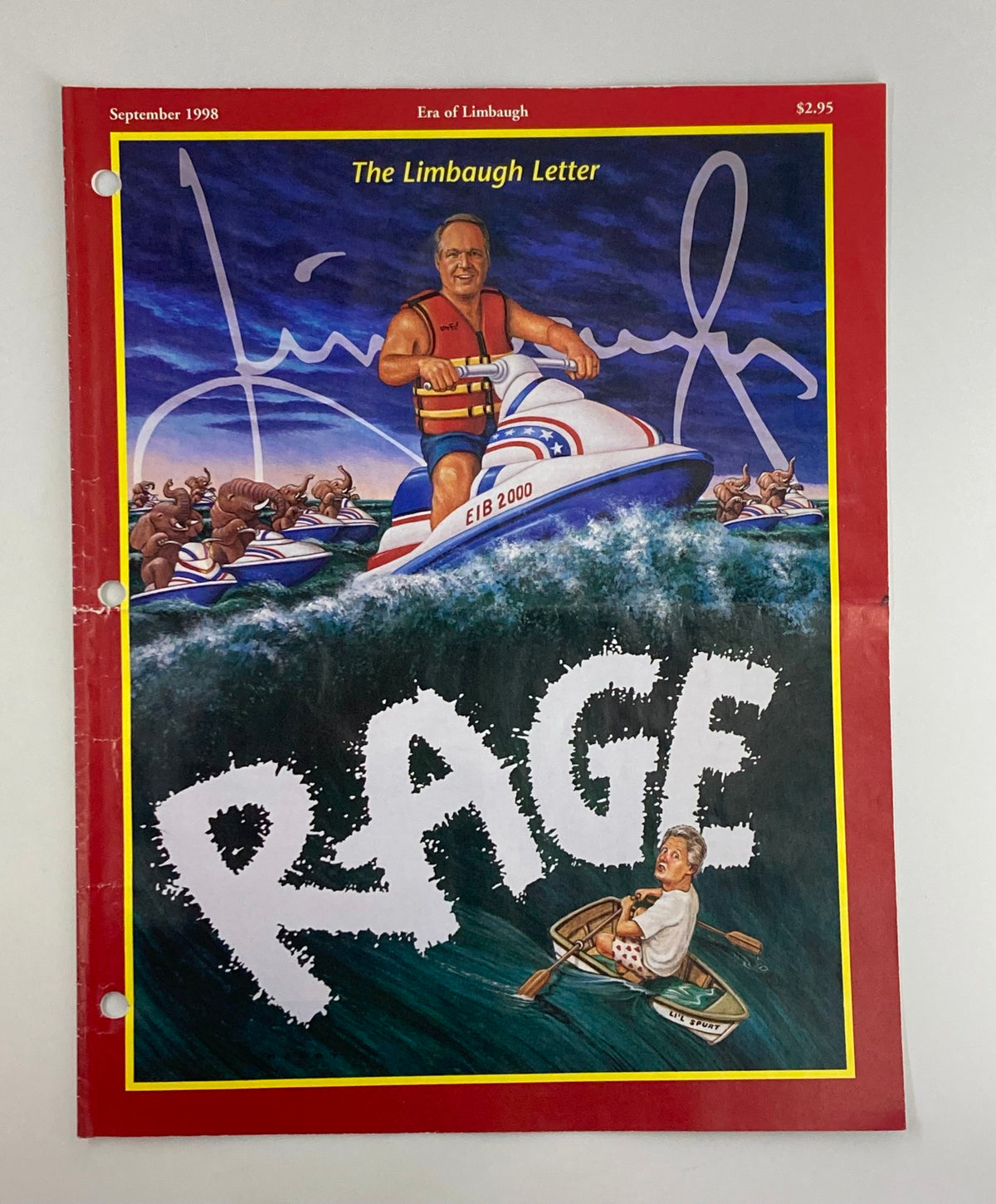Rush Limbaugh Letter Newsletter Magazine September 1998 cover featuring a cartoonish illustration of Rush Limbaugh on a jet ski with the word 'RAGE' in bold. The cover reflects the political climate during Bill Clinton's presidency.