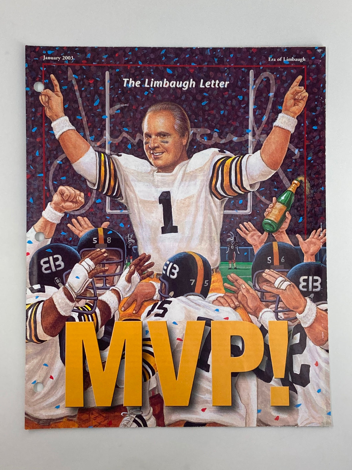 Rush Limbaugh Letter Newsletter Magazine January 2003 cover featuring a celebration scene with athletes, emphasizing the MVP theme and vibrant colors.