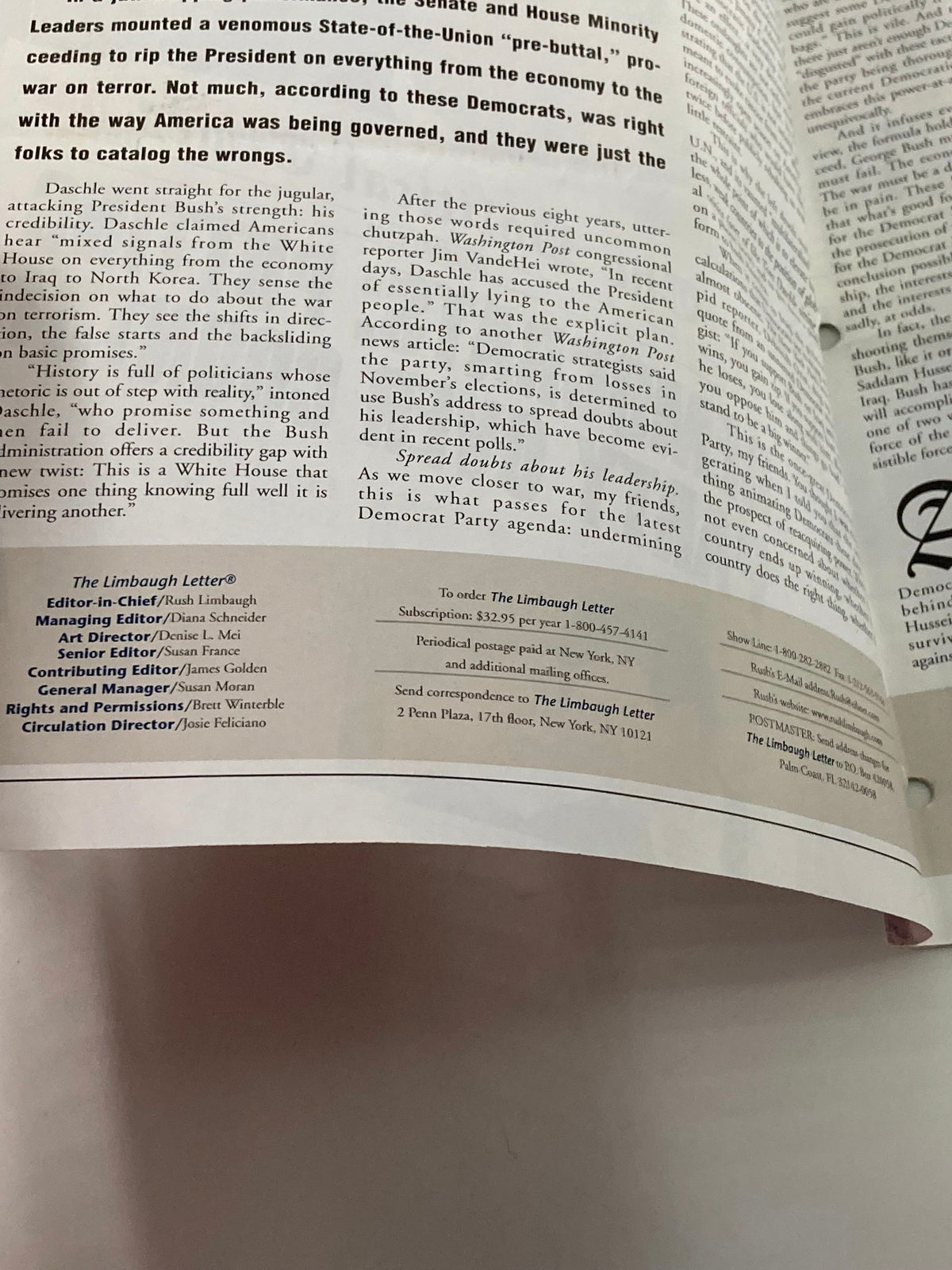 Rush Limbaugh Letter Newsletter Magazine February 2003 interior page showcasing editorial content and subscription information.