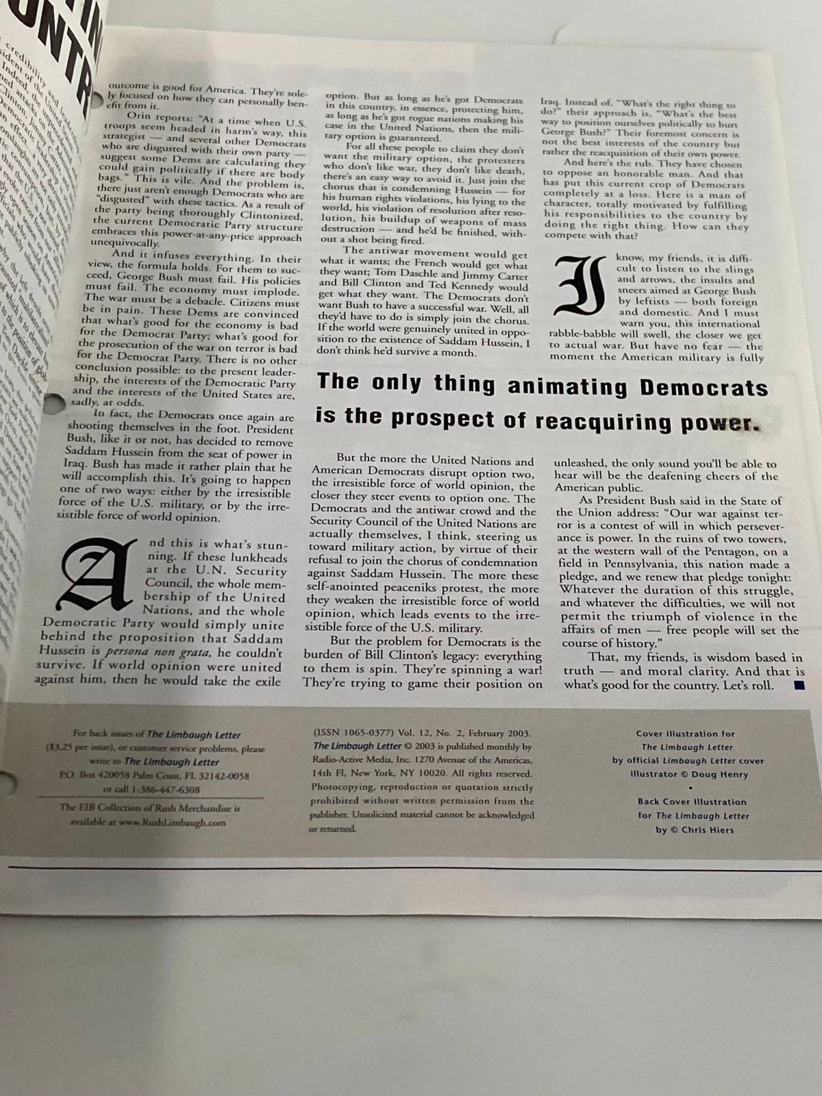 Interior page from the Rush Limbaugh Letter Newsletter Magazine, February 2003, showcasing political commentary and analysis on the Democratic Party and contemporary issues.
