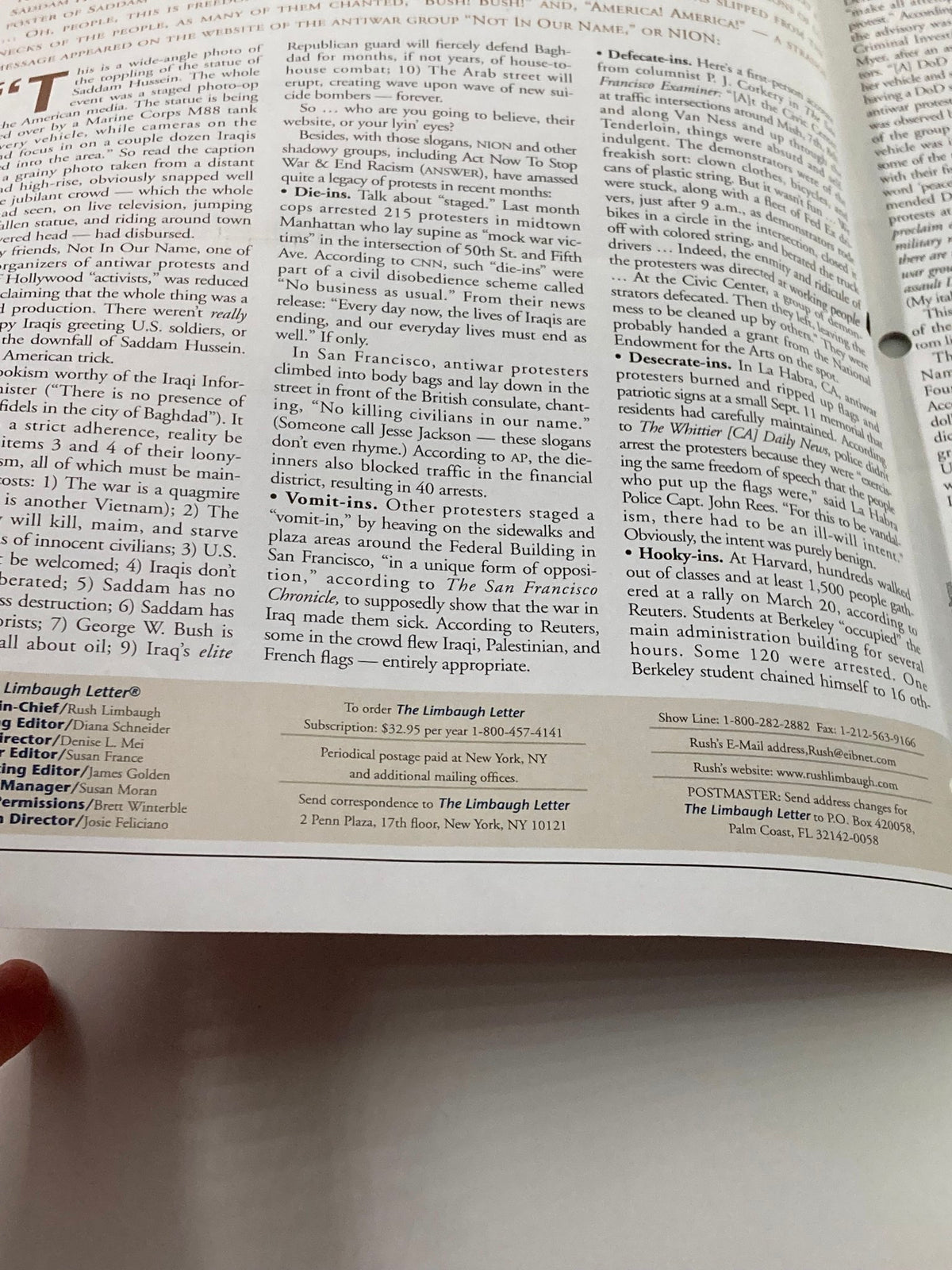 Interior page from the Rush Limbaugh Letter Newsletter Magazine April 2003, showing text and details about political commentary and advertisements, reflecting the early 2000s political landscape.