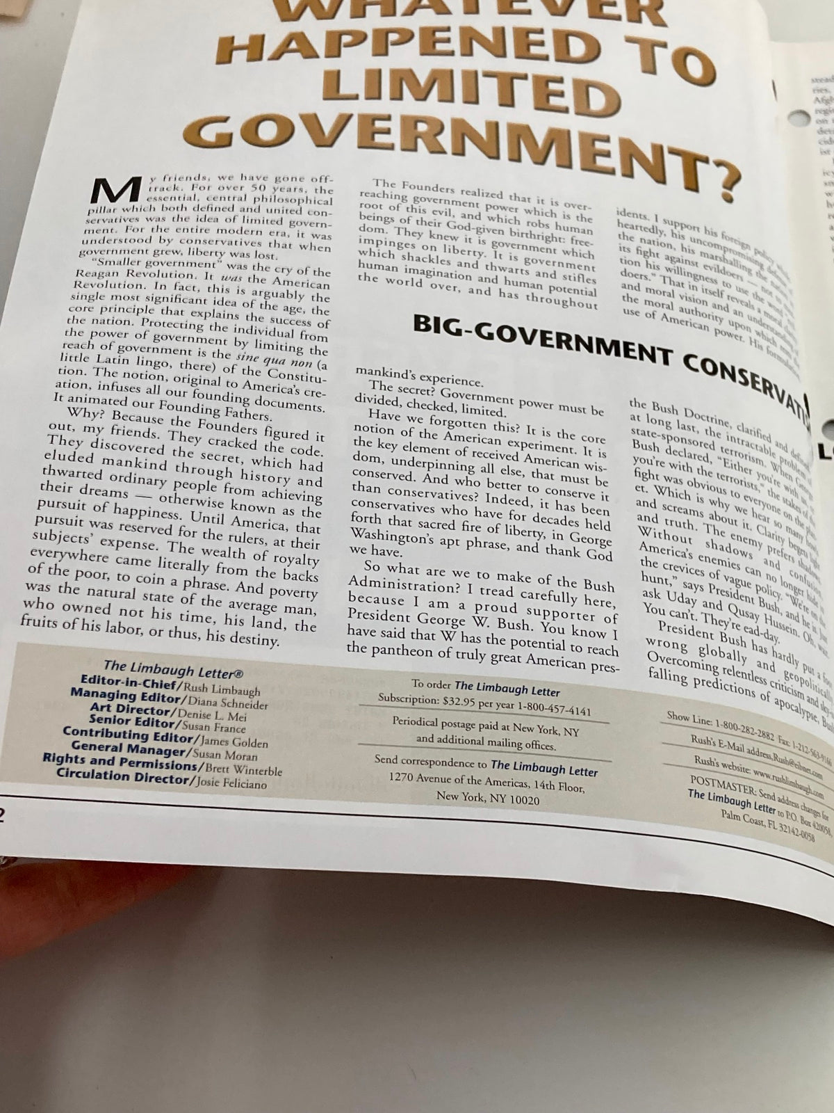 Rush Limbaugh Letter Newsletter Magazine August 2003, featuring an article discussing the implications of limited government and the perceptions of conservative values during the early 2000s.