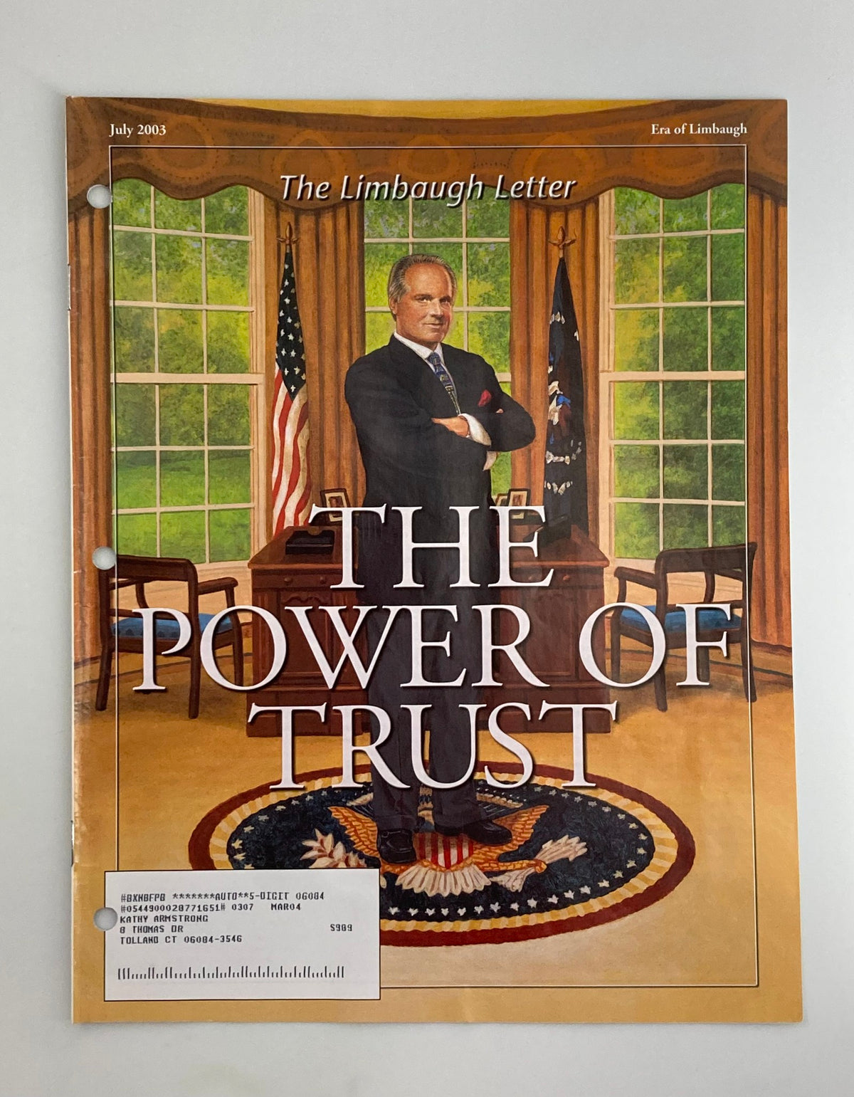 Rush Limbaugh Letter July 2003 cover featuring the title 'The Power of Trust' with a portrait of Rush Limbaugh in an office setting.