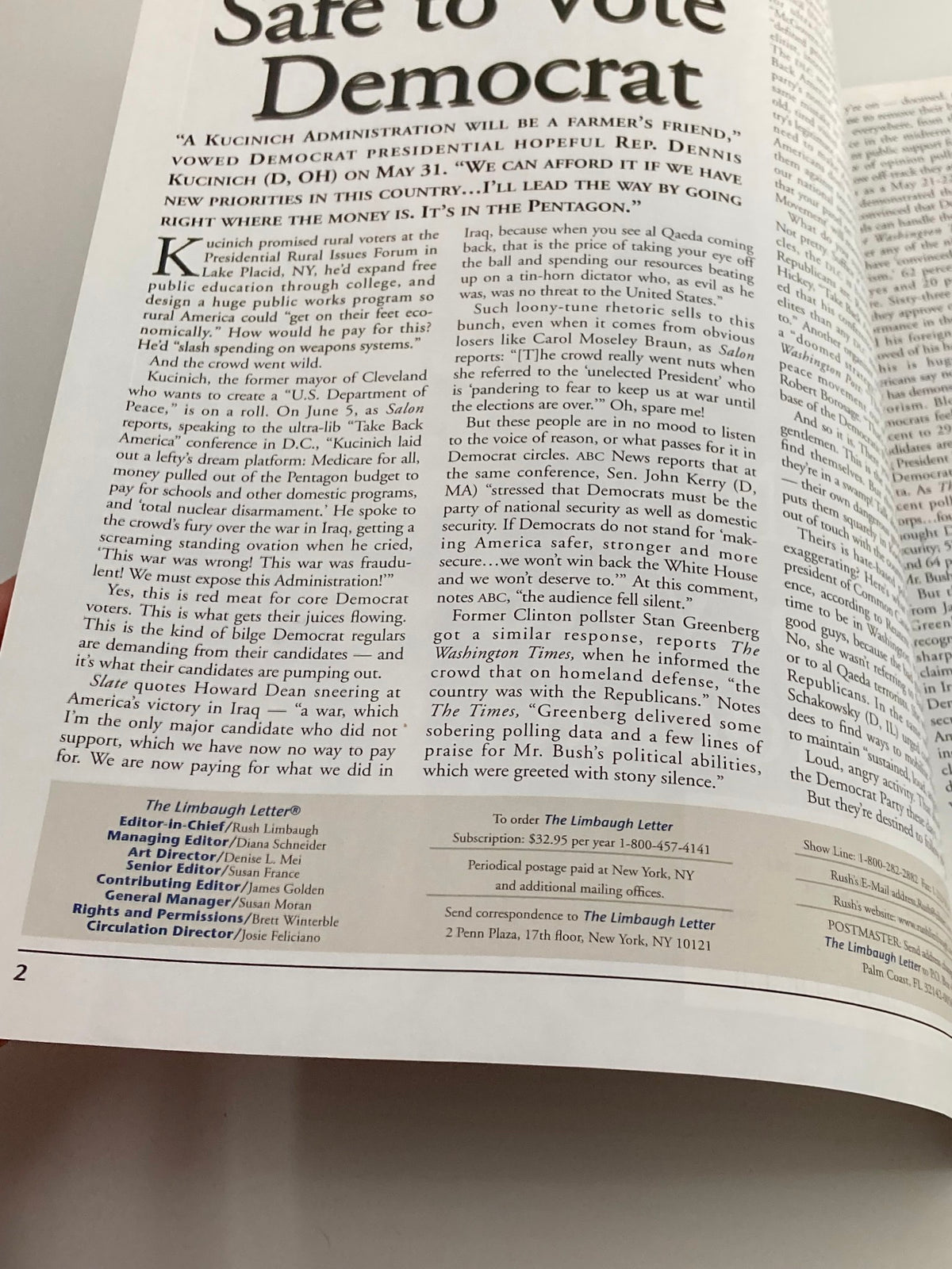Inside page of Rush Limbaugh Letter Newsletter Magazine June 2003 showing political commentary with the heading 'Still Not Safe to Vote Democrat'.