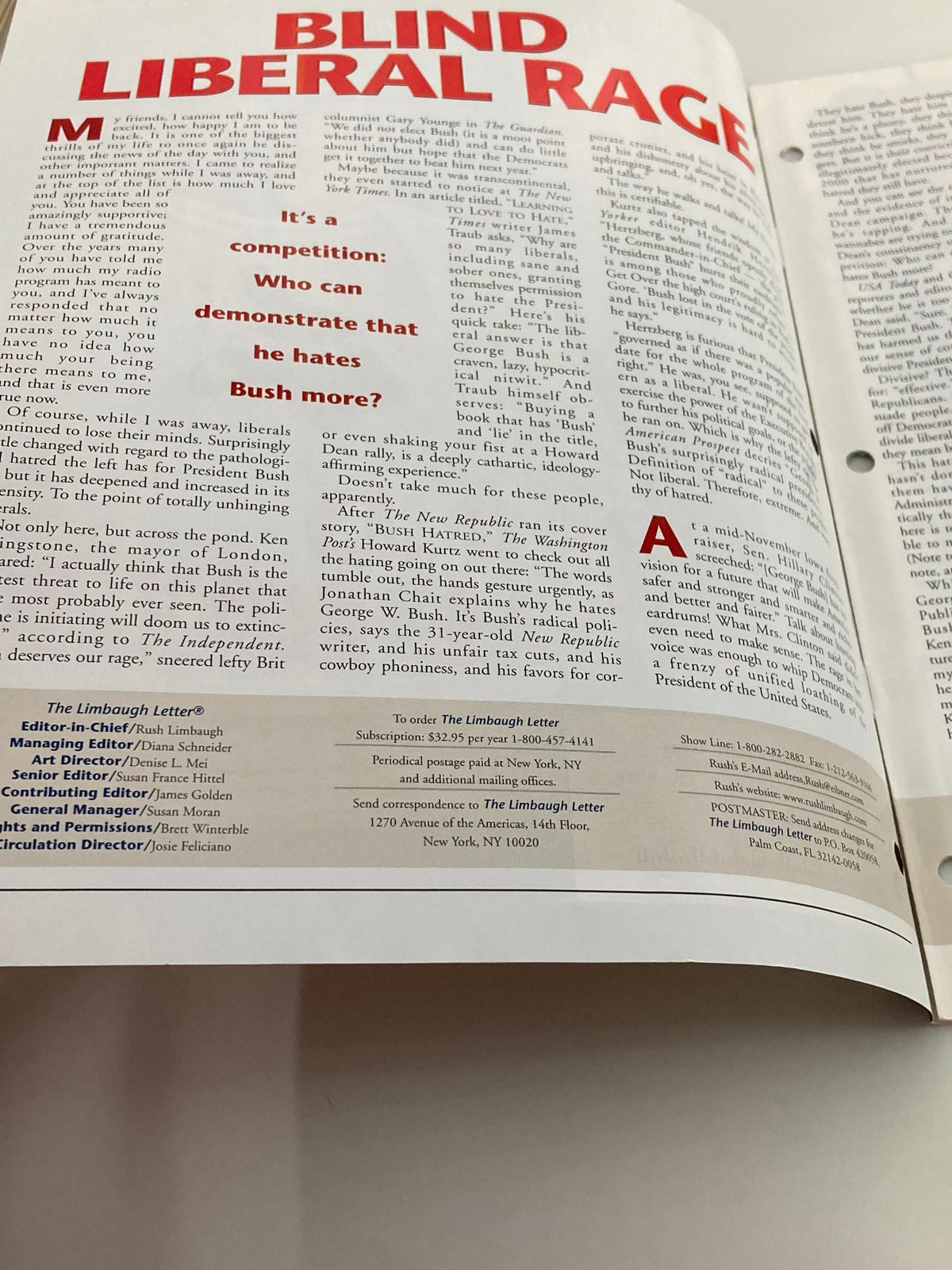 Inside page of Rush Limbaugh Letters Newsletter - November 2003 showcasing an article discussing the concept of competition in expressing political views, centered around the theme of Bush opposition.