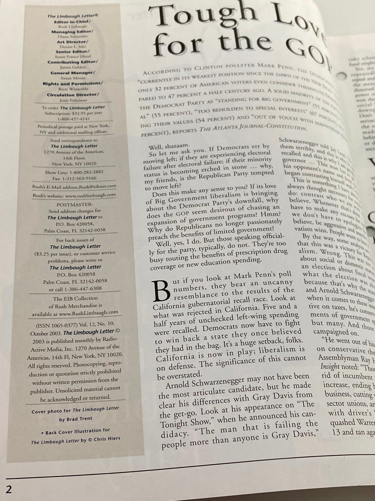 Inside page of the Rush Limbaugh Letter Newsletter Magazine October 2003 discussing political commentary and analysis of the GOP.